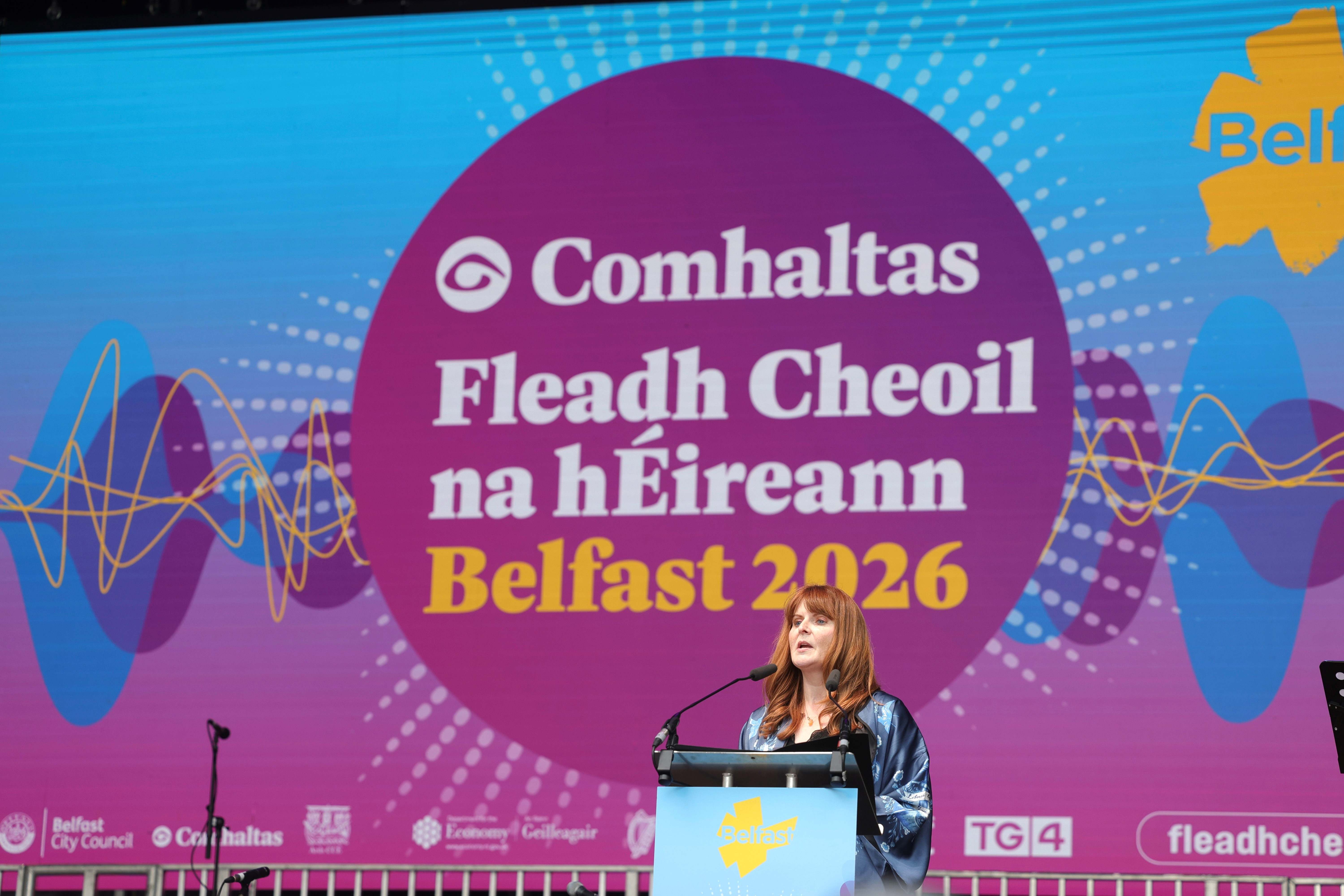 MO CHEOL SIBH: Economy Minister Caoimhe Archibald addressing crowds at the City Hall opening ceremony 