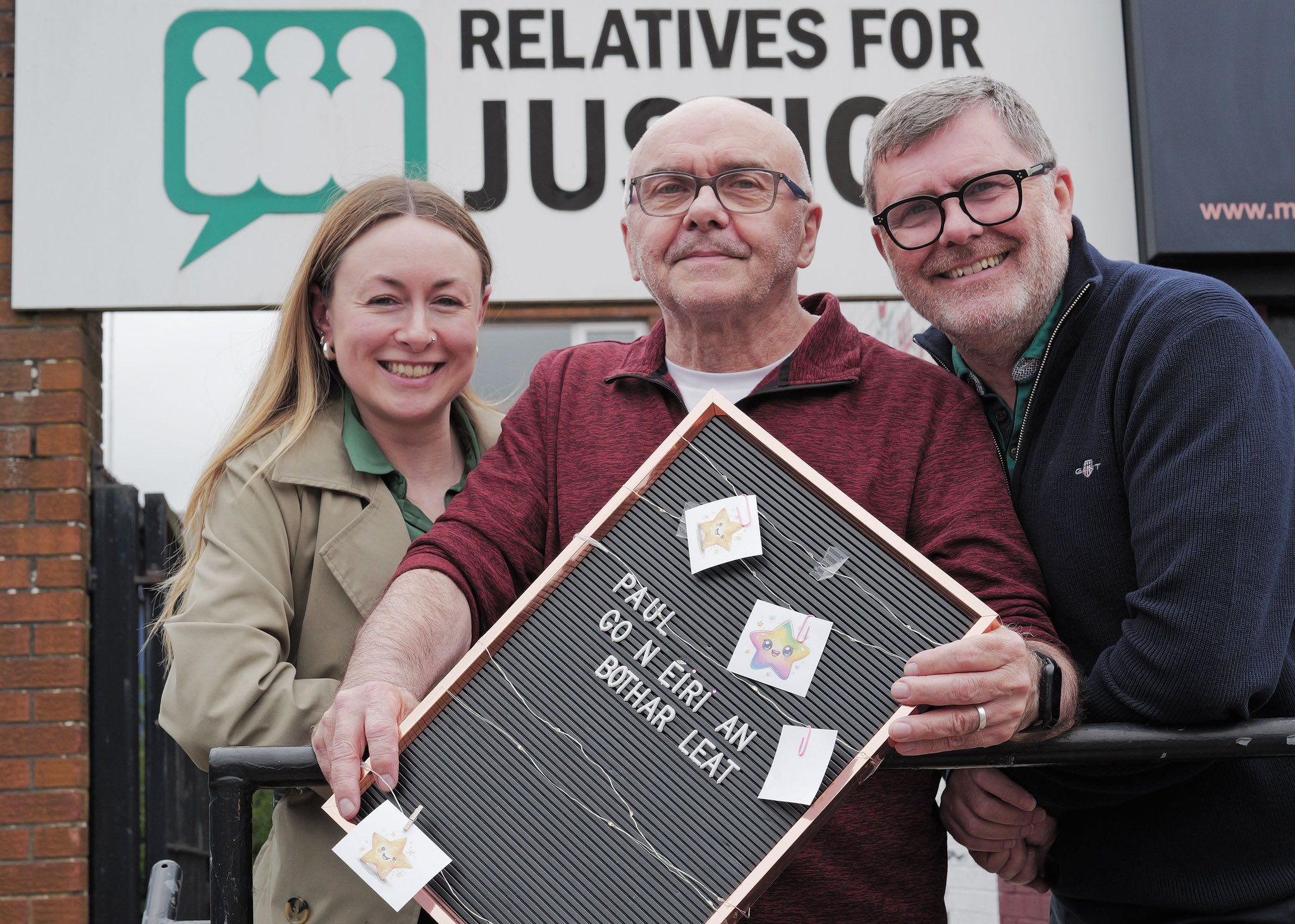 DEDICATED: Paul Butler on his retirement in June with Irati Oleaga and Mark Thompson from Relatives For Justice