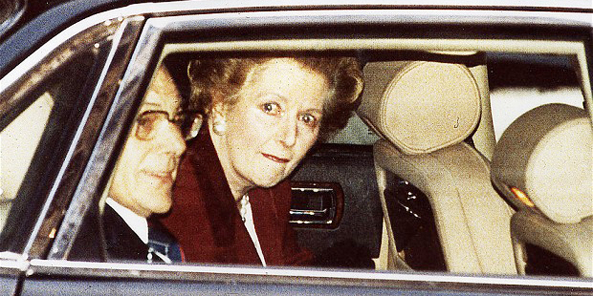 A tearful Margaret Thatcher resigns as Prime Minister in 1990