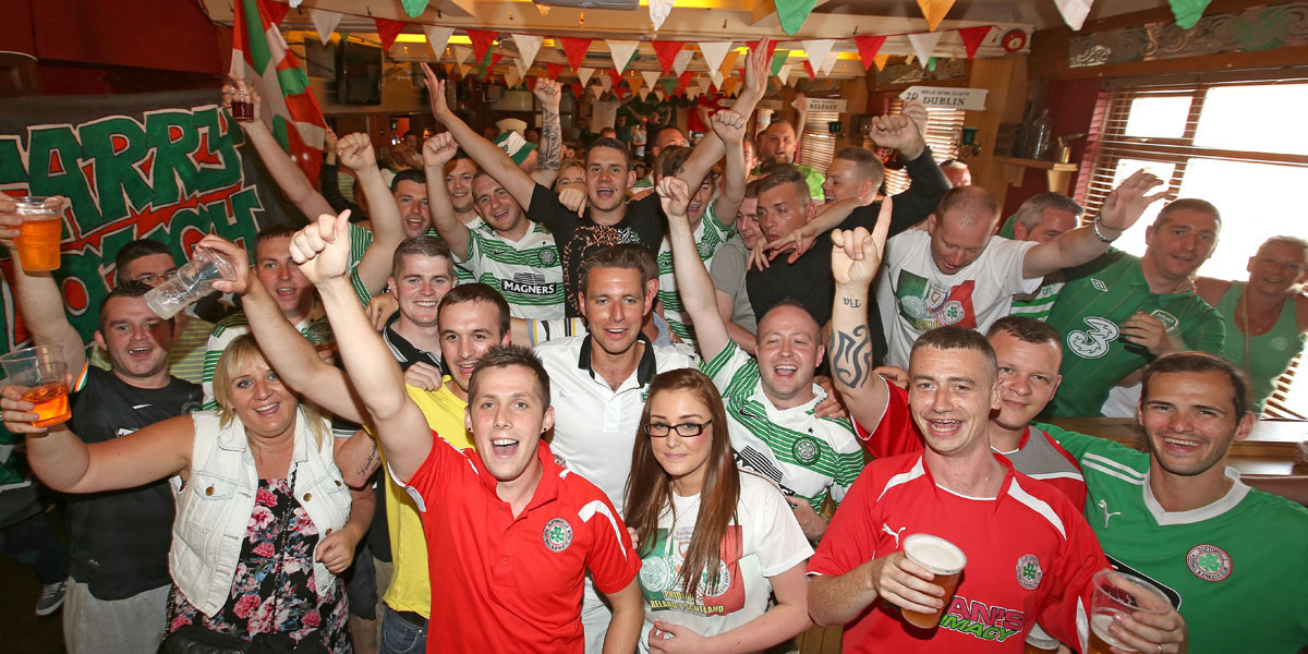 Cliftonville and Celtic fans enjoy the pre-match entertainment in The Rock Bar
