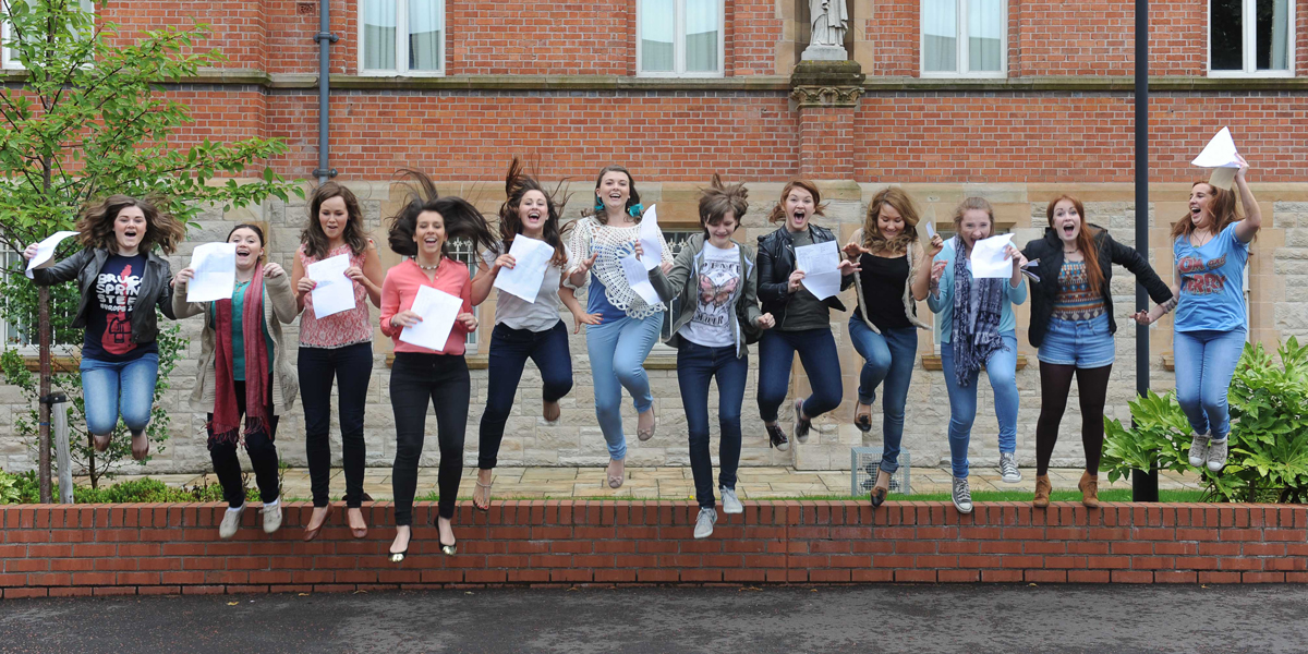 St Dominic’s pupils jump for joy on receiving their A-Level results