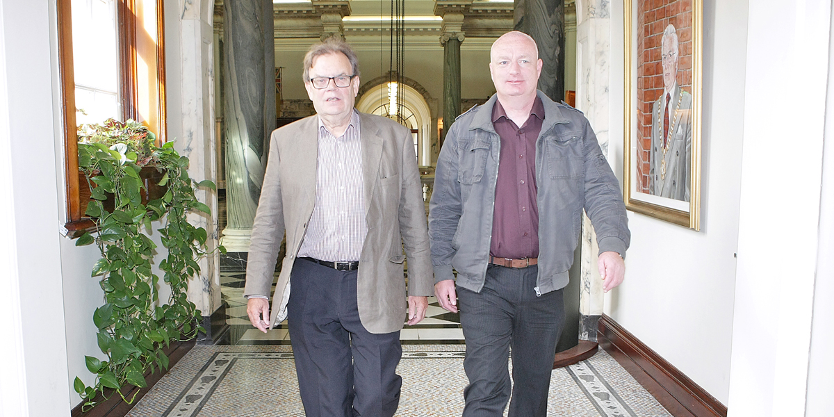 Tom Hartley and Gerard O’Neill prepare to leave City Hall as Councillors  for the last time