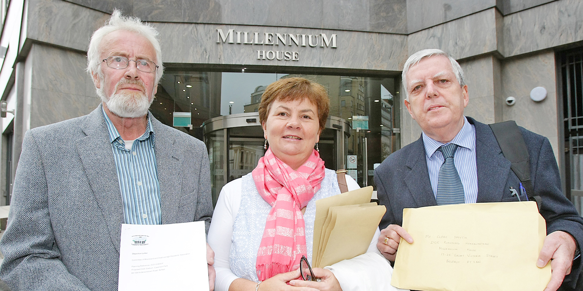 John Crossey, Carmel McCavana and Pat McGrath, lodging planning objection with the Planning Service on the Casement Park development