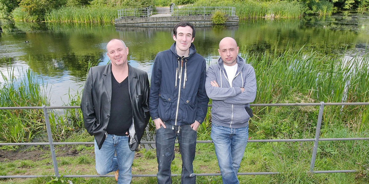 Writer Pearse Elliott with actor Ciarán Nolan and Artistic Director Tony Devlin from the Brassneck Theatre Company at the Half-Moon Lake