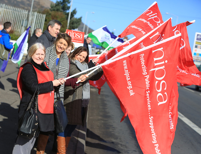 Public sector workers on strike at Beech Hall Wellbeing Centre in Andersonstown
