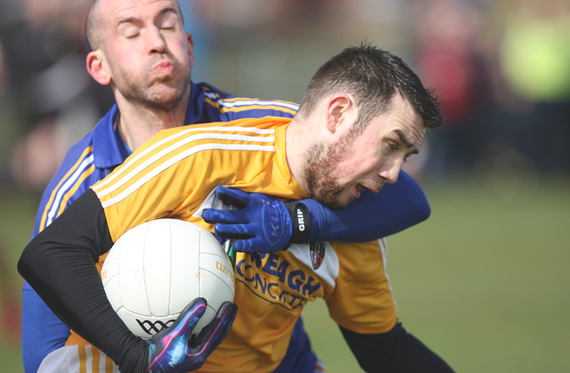Conor Murray is challenged by a Wicklow defender during the Saffrons’ crucial one-point National Football League victory at Corrigan Park on Sunday