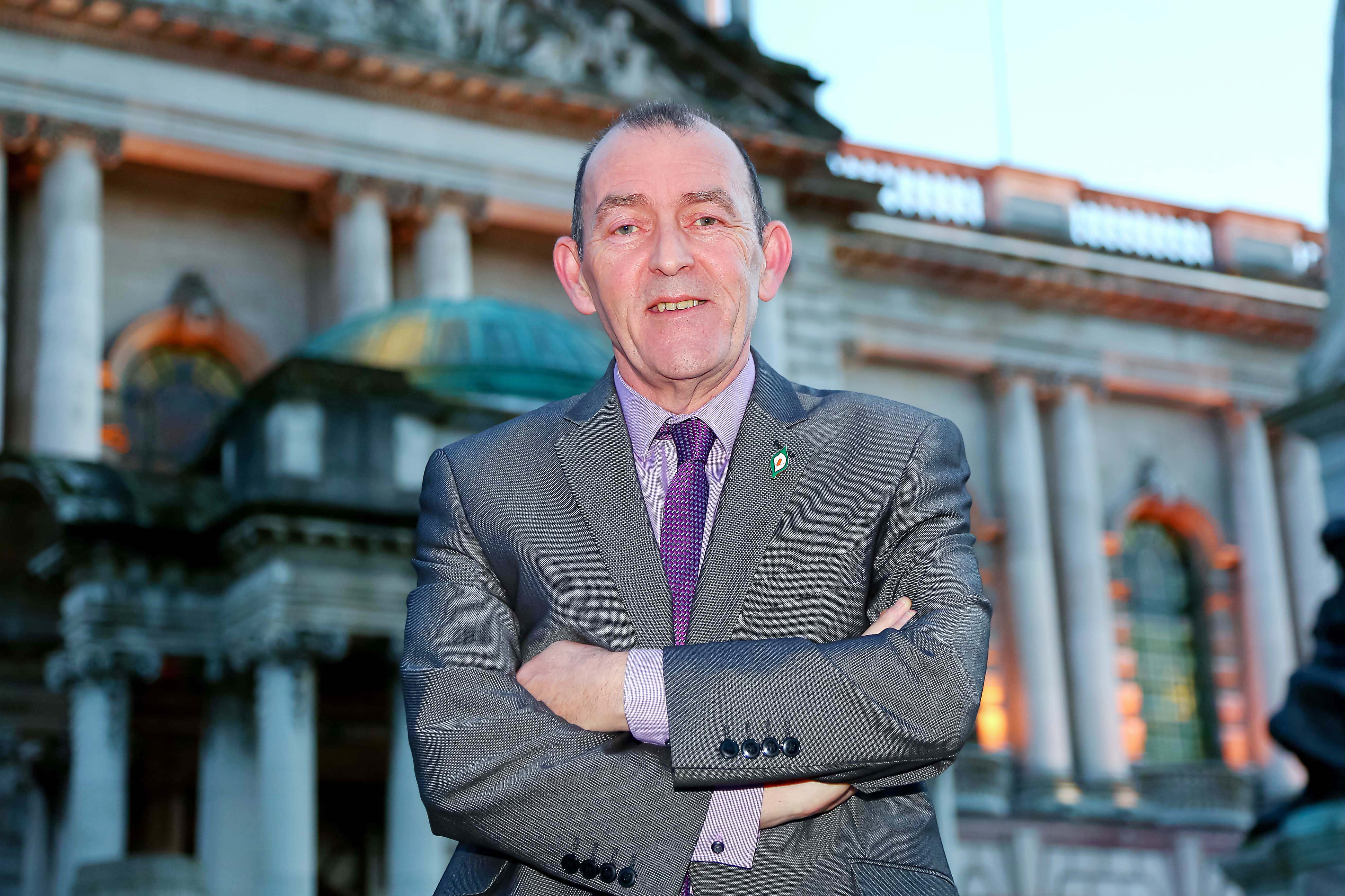 Councillor Arder Carson outside City Hall yesterday evening after being elected first Lord Mayor of the expanded new Belfast City Council