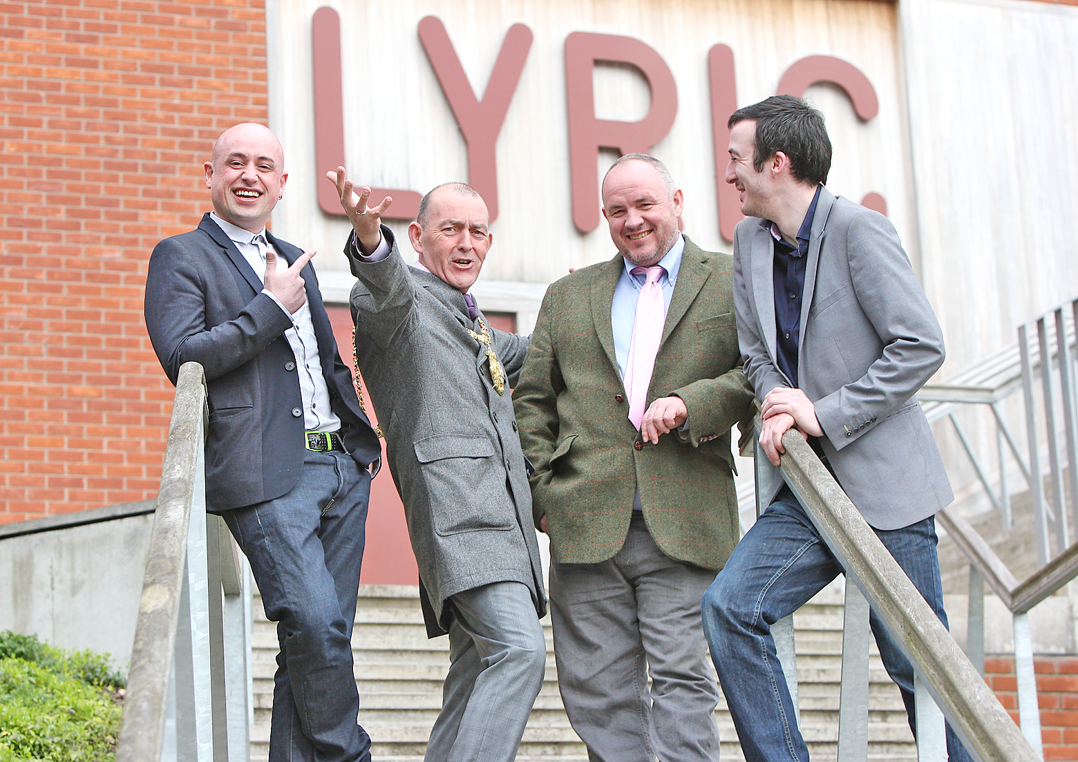 Writer of Man In The Moon, Pearse Elliott, centre right, with actor Ciarán Nolan, right, and artistic director of Brassneck Theatre Company, Tony Devlin, with Belfast Lord Mayor Arder Carson at the launch of the play at the Lyric Theatre