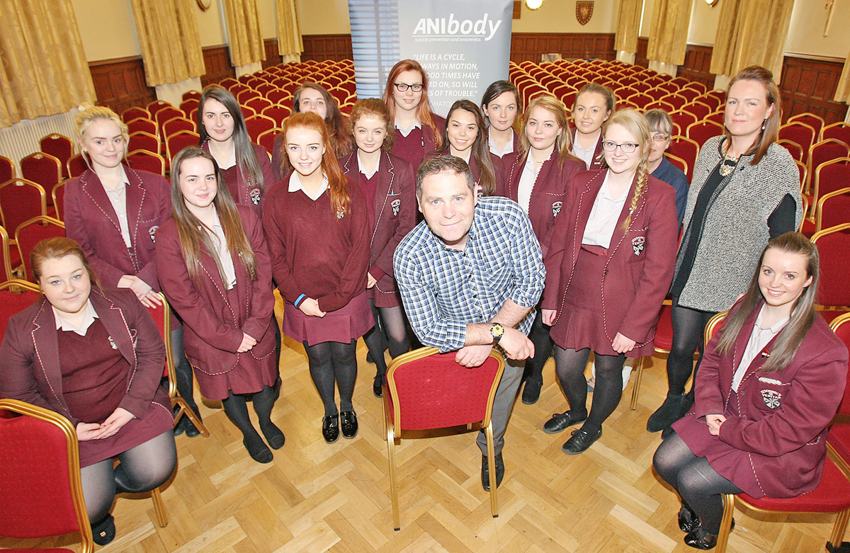 Philip McTaggart delivers Mindskills training to pupils at St Dominic’s Grammar School for Girls along with teachers Rachael Smyth and Eimear Mc Evoy 