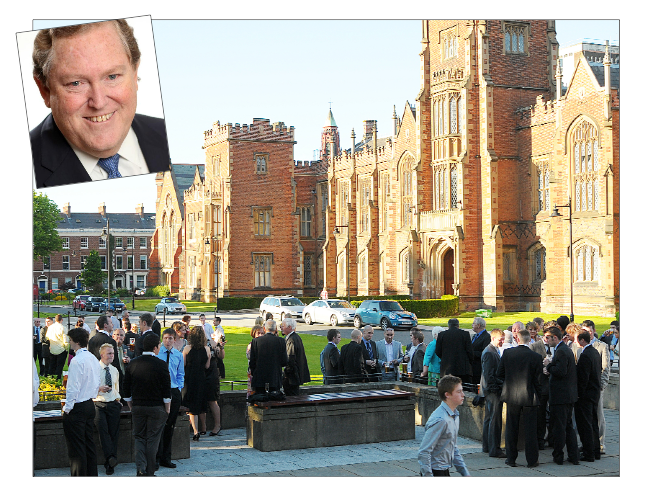  Queen’s University has been described as “innovative, dynamic  and exceptional” by its new Chancellor Tom Moran (inset)