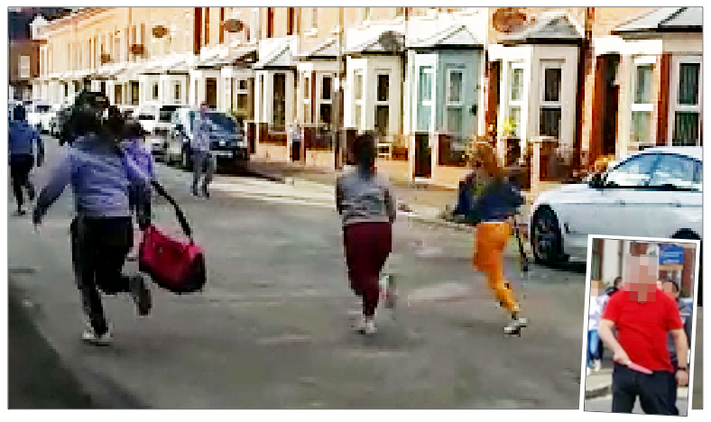 Members of the gang flee, one carrying a hurl, while (inset) a resident is pictured with the kitchen knife taken from one of the girls