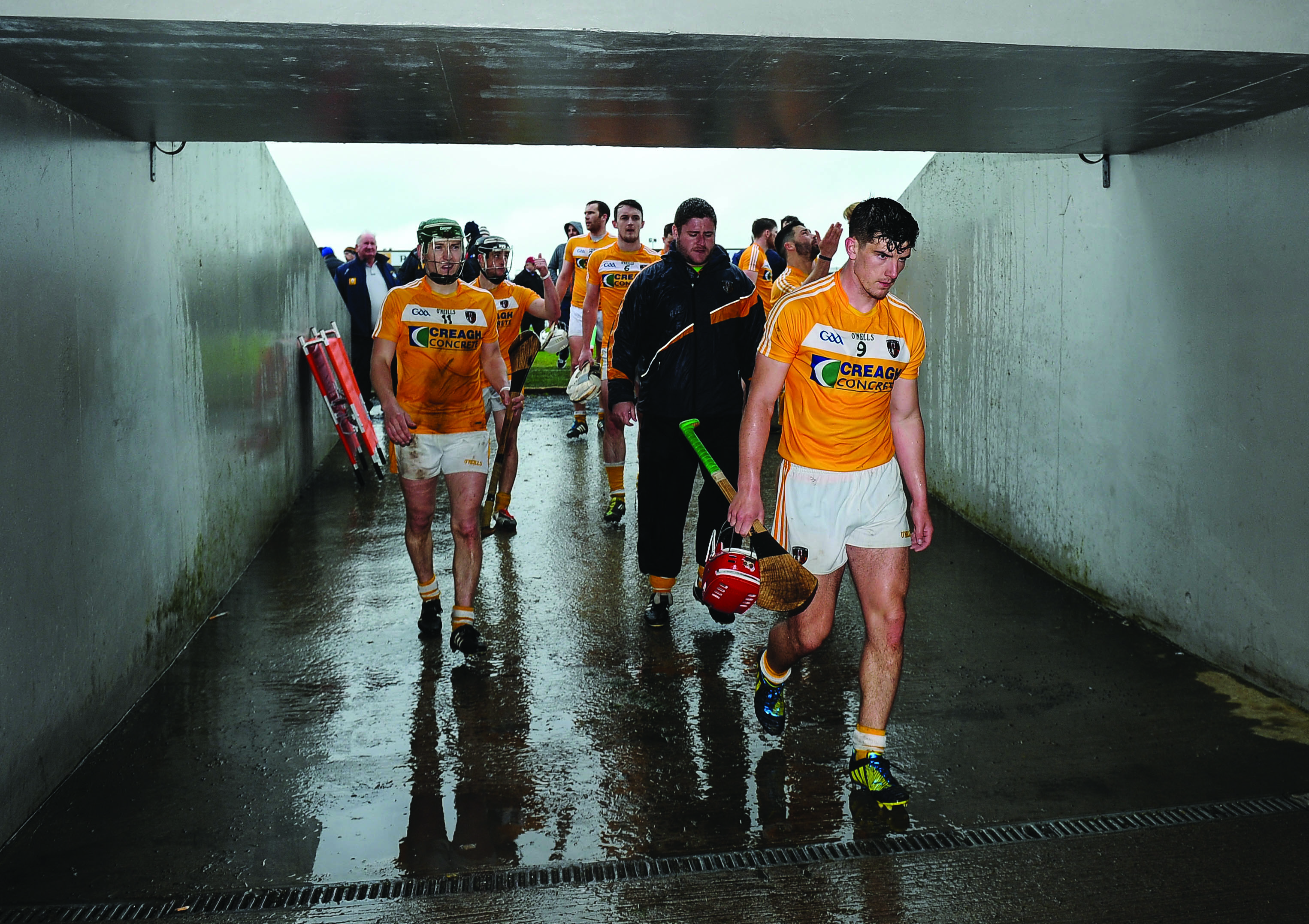 Antrim players trudge off the Cusack Park pitch after their defeat to Westmeath