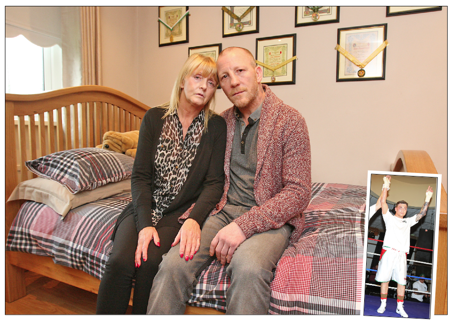 Mary and Eamonn Magee Snr in the  bedroom of their late son Eamonn Jnr (inset) where boxing medals and certificates adorn the wall 