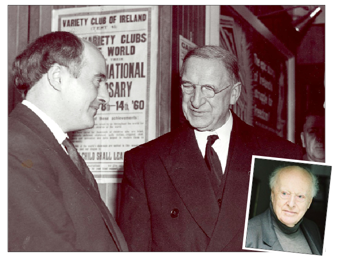 George Morrison, left, meets Eamon De Valera at the 1959 Mise Éire premiere in Cork; inset, Morrison today 