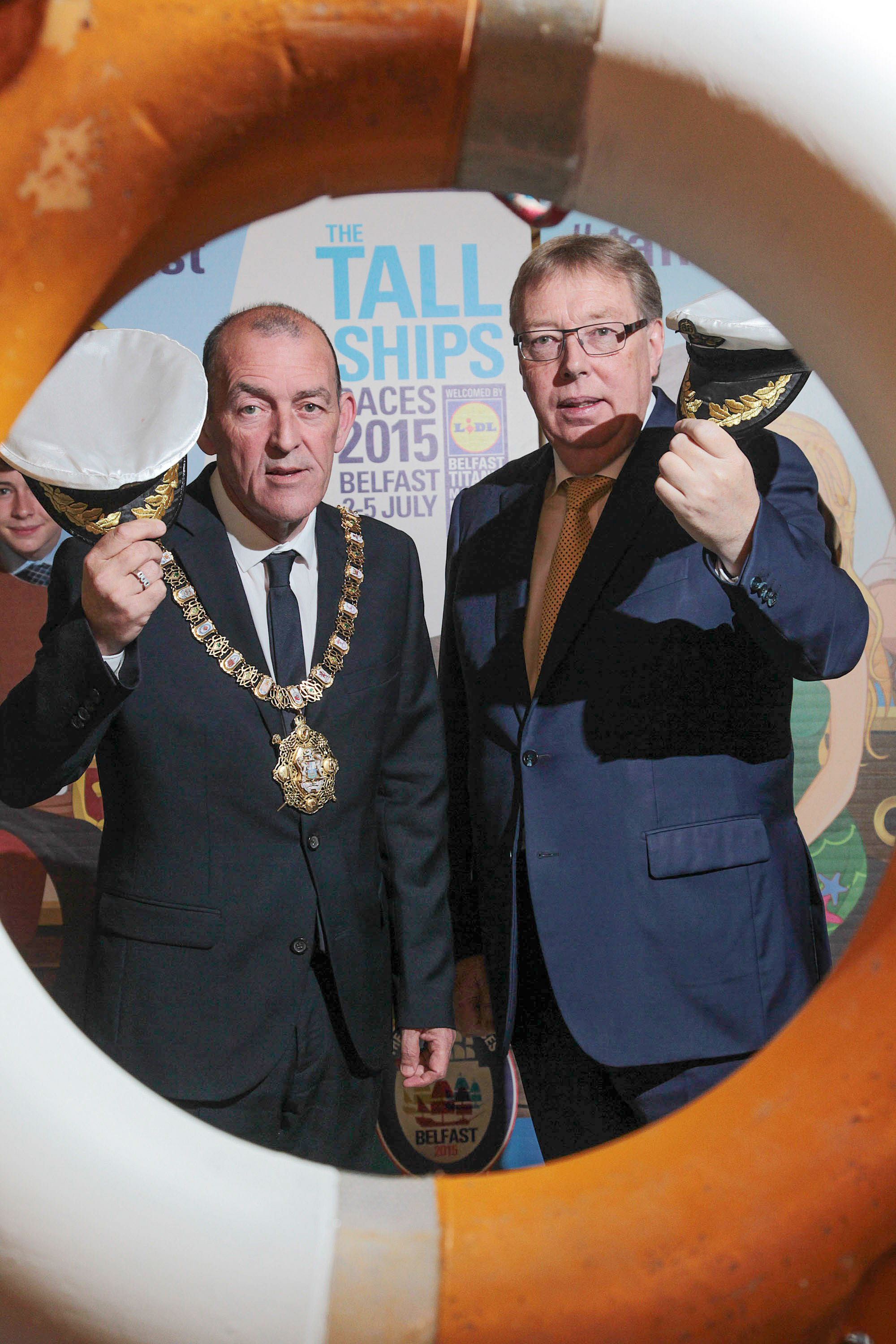 Belfast Lord Mayor Arder Carson and Gerard O\'Hare, Chairman of Tall Ships Ltd, begin the final countdown to the arrival of the Tall Ships
