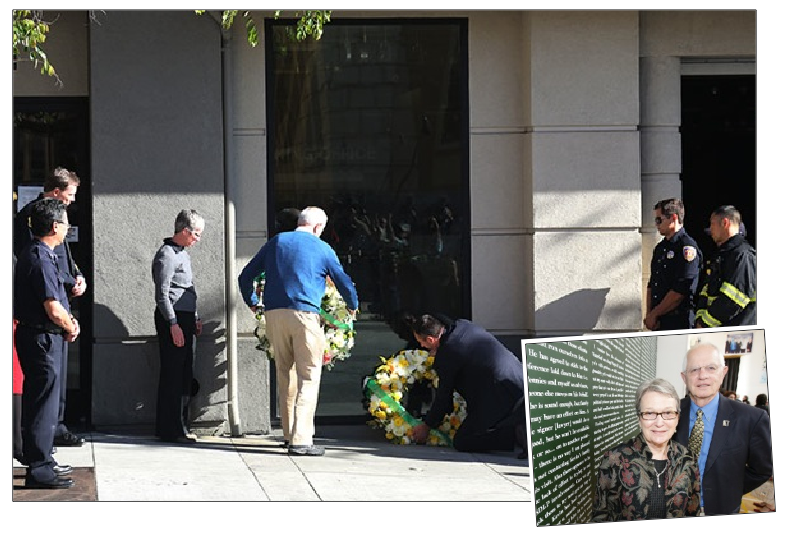 Mayor Tom Bates lays a wreath at the spot where six Irish students attending a 21st birthday party in Berkeley, California, fell to their deaths in the early hours of Tuesday morning; inset, Mayor Bates with his wife Loni Hancock on a visit to Belfast