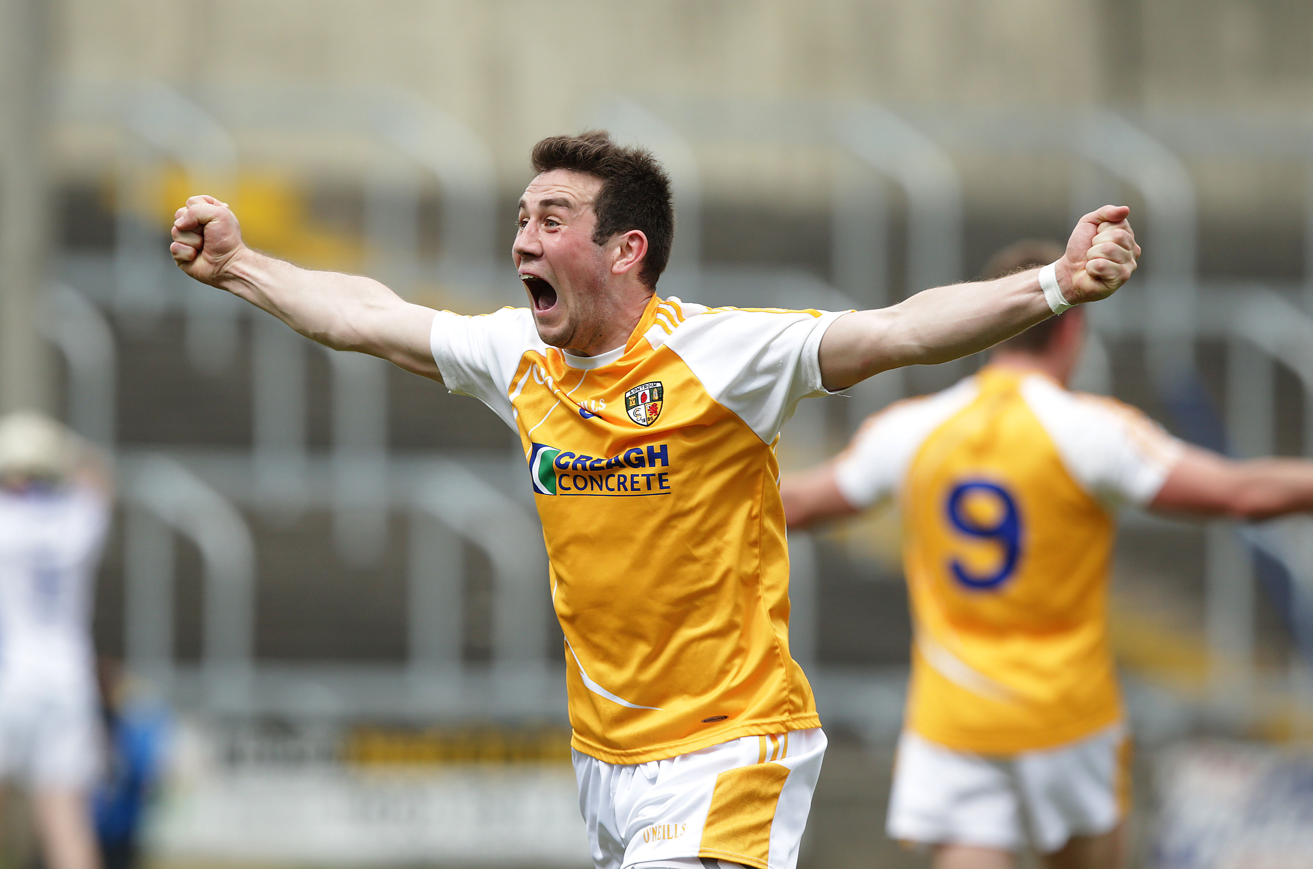Antrim midfielder Conor Murray can\'t contain his delight at the final whistle after the Saffrons’ epic comeback victory over Laois at O\'Moore Park in Portlaoise on Saturday    ©INPHO/Morgan Treacy