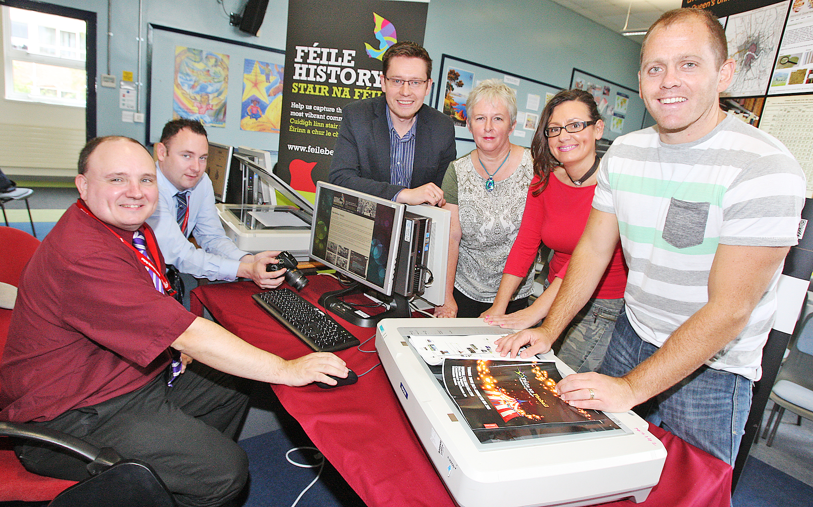 The Féile History team:David Hardy, Anthony Anderson and Elaine Reid of the Centre for Data Digitisation and Analysis at QUB, with Michael Pierse and Feargal Mac Ionnrachtaigh of the QUB School of Modern Languages and Deirdre Mackel, Féile