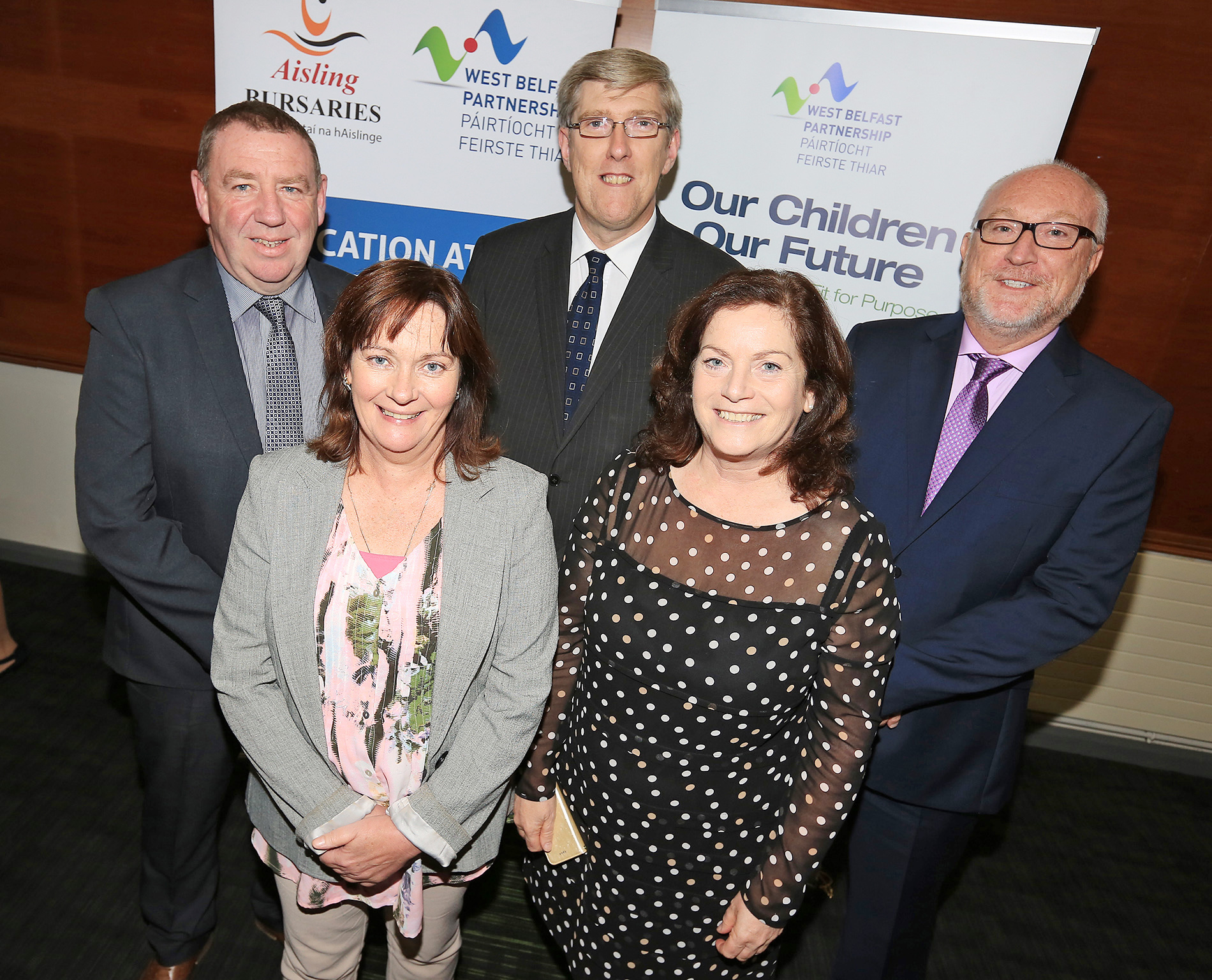 At the Aisling 2015 launch at St Mary’s are Minister for Education John O\'Dowd, Junior Minister Jennifer McCann MLA, Councillor Geraldine McAteer, Peter Finn, St Mary’s Principal, and Gerry McConville, Chairperson Falls Community Council 
