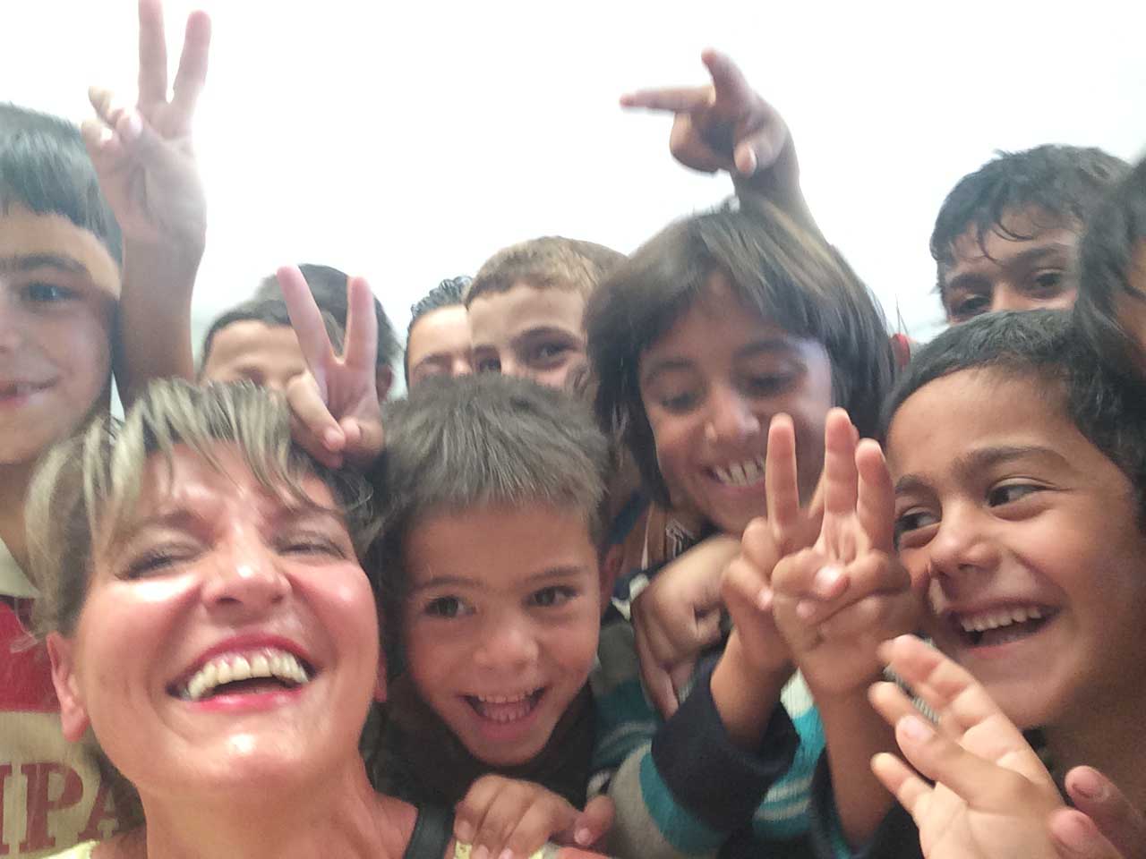 Martina Anderson pictured with children in the Zaateri camp
