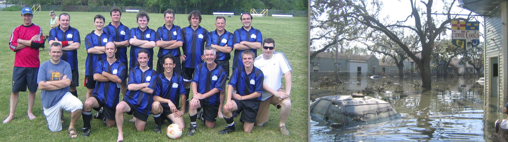 Finn McCool’s Football Club is still going strong – author Stephen Rea is front row, third from left; right, Finn McCool’s bar under water after Hurricane Katrina struck in 2005 