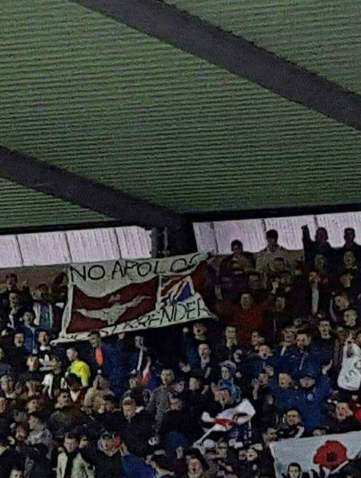 The banner contained a Para crest and a union flag alongside the words ‘No Apology No Surrender’ 