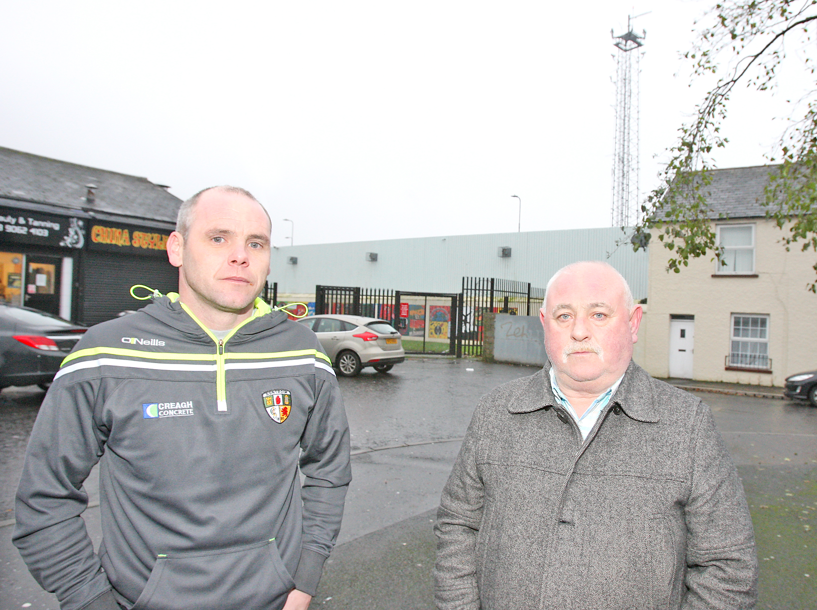 Martin Black and Sean Lennon of the Greater Andersonstown Safety Neighbourhood Project at Suffolk shops where large groups of youths gathered at the weekend