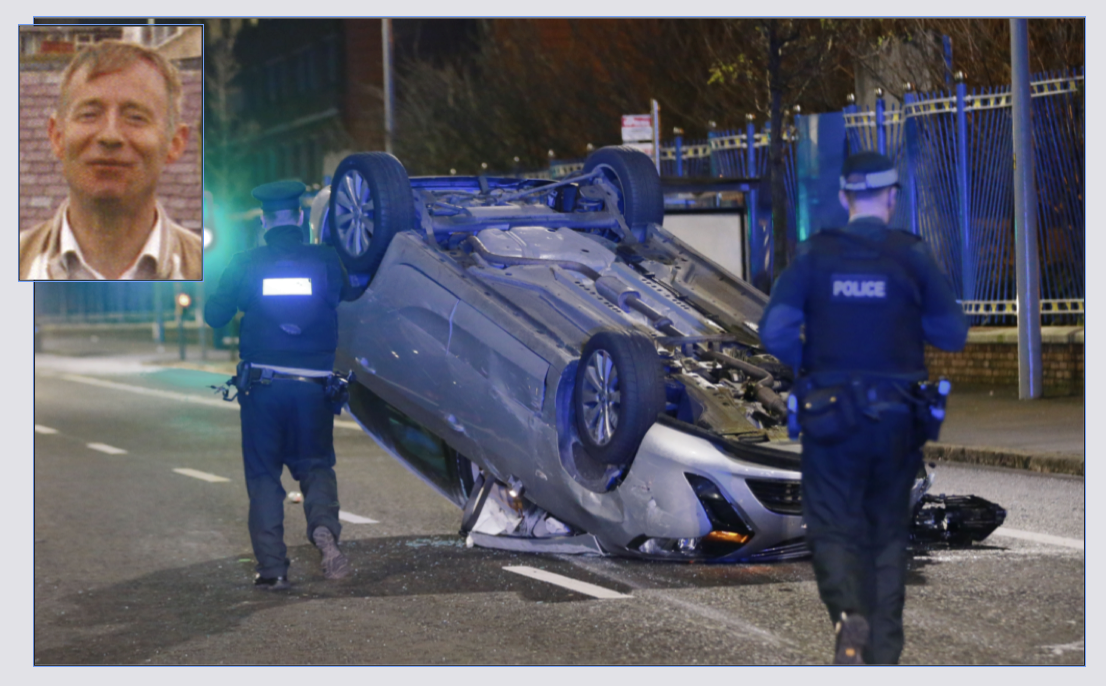 The overturned car on the Falls Road on Monday night; inset, Anthony McKeever who died at the same spot in 1993 after being hit by a stolen car