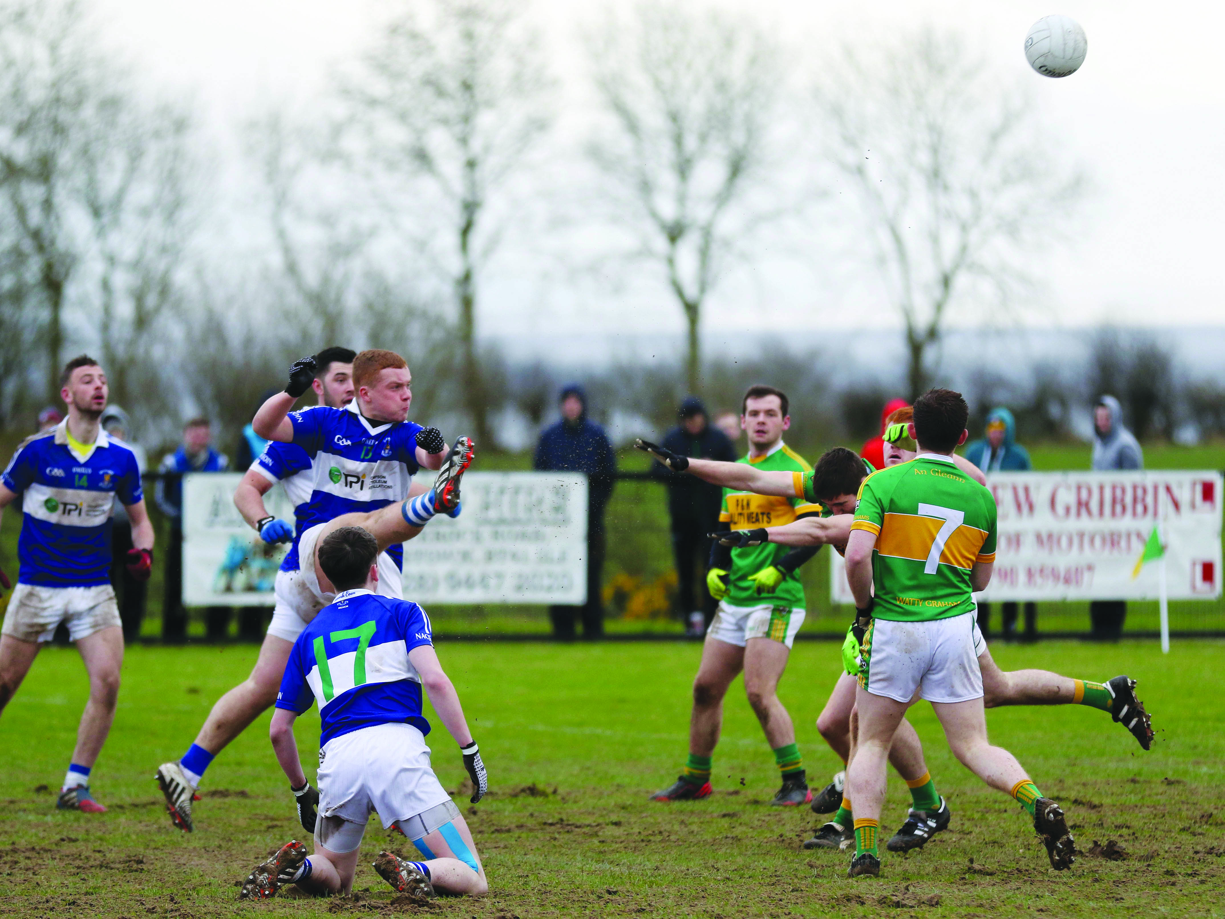 St John’s forward Odhran McKenna gets his shot away as Glen captain Ciaran McFaul attempts to block. The Derry side retained the Paddy McLarnon Cup with an eight-point victory at Creggan on Sunday afternoon.    