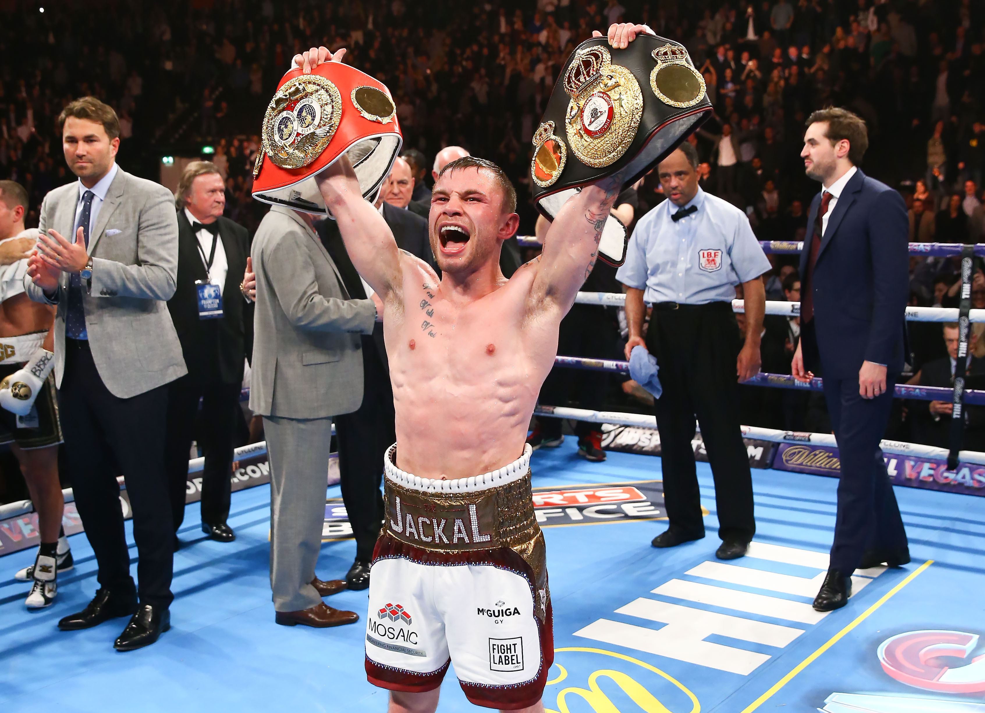 Carl Frampton celebrates defeating Scott Quigg in Saturday nights World Super-Bantamweight unification clash at the Manchester Arena.