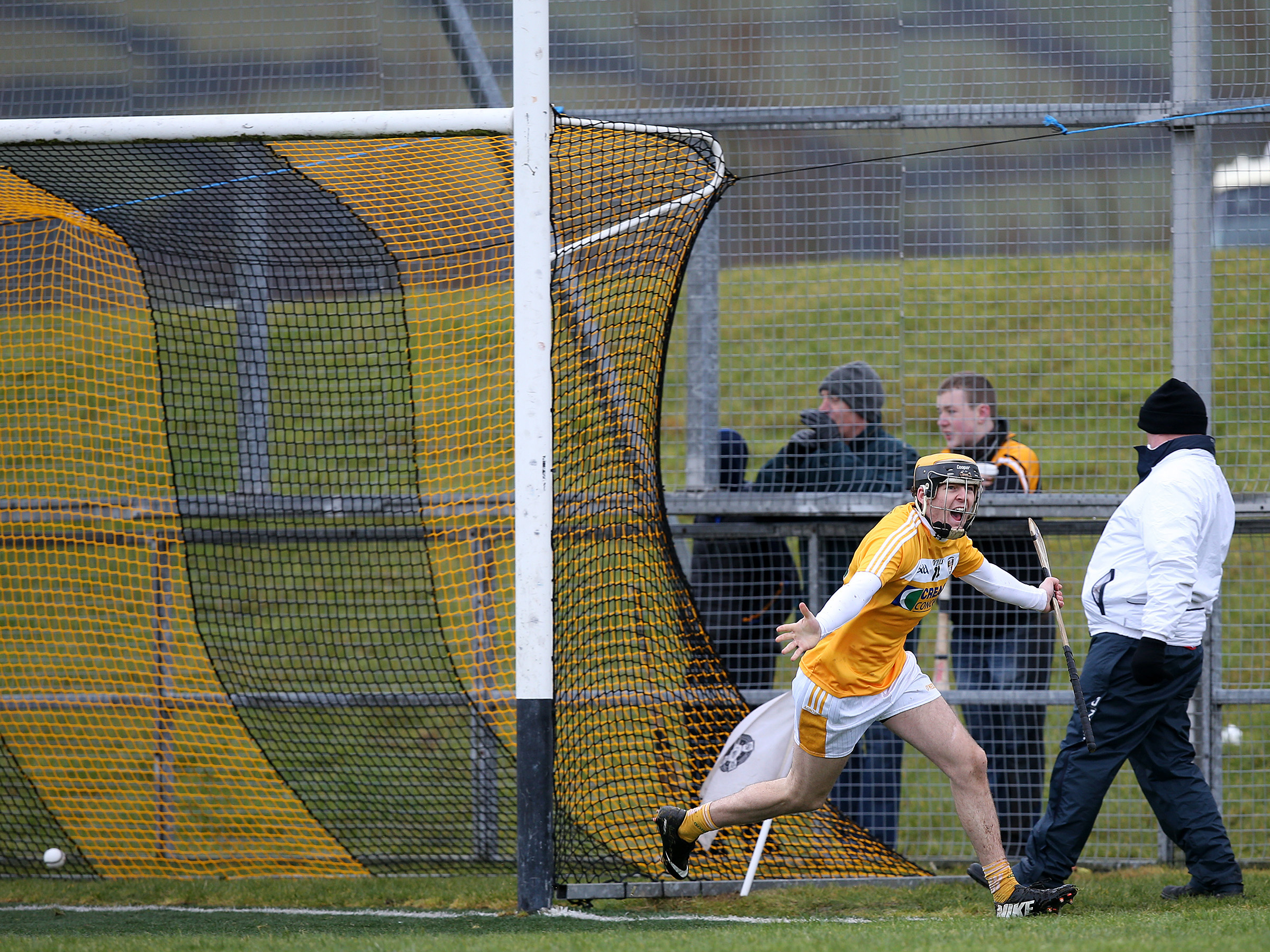 Antrim\'s Saul McCaughan wheels away to celebrate after the second of his two goals against Kildare   \nPic by John McIwaine, Press Eye\n