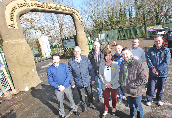 Colin O’Neill, Chief Executive Colin Glen Trust, with Paul Kelly, Colin Valley FC, Keith McCaugherty and Cuan O’Neill, Saints Youth Club, local councillors Seanna Walsh, Stephen Magennis and Matt Garrett and Jennifer McCann MLA