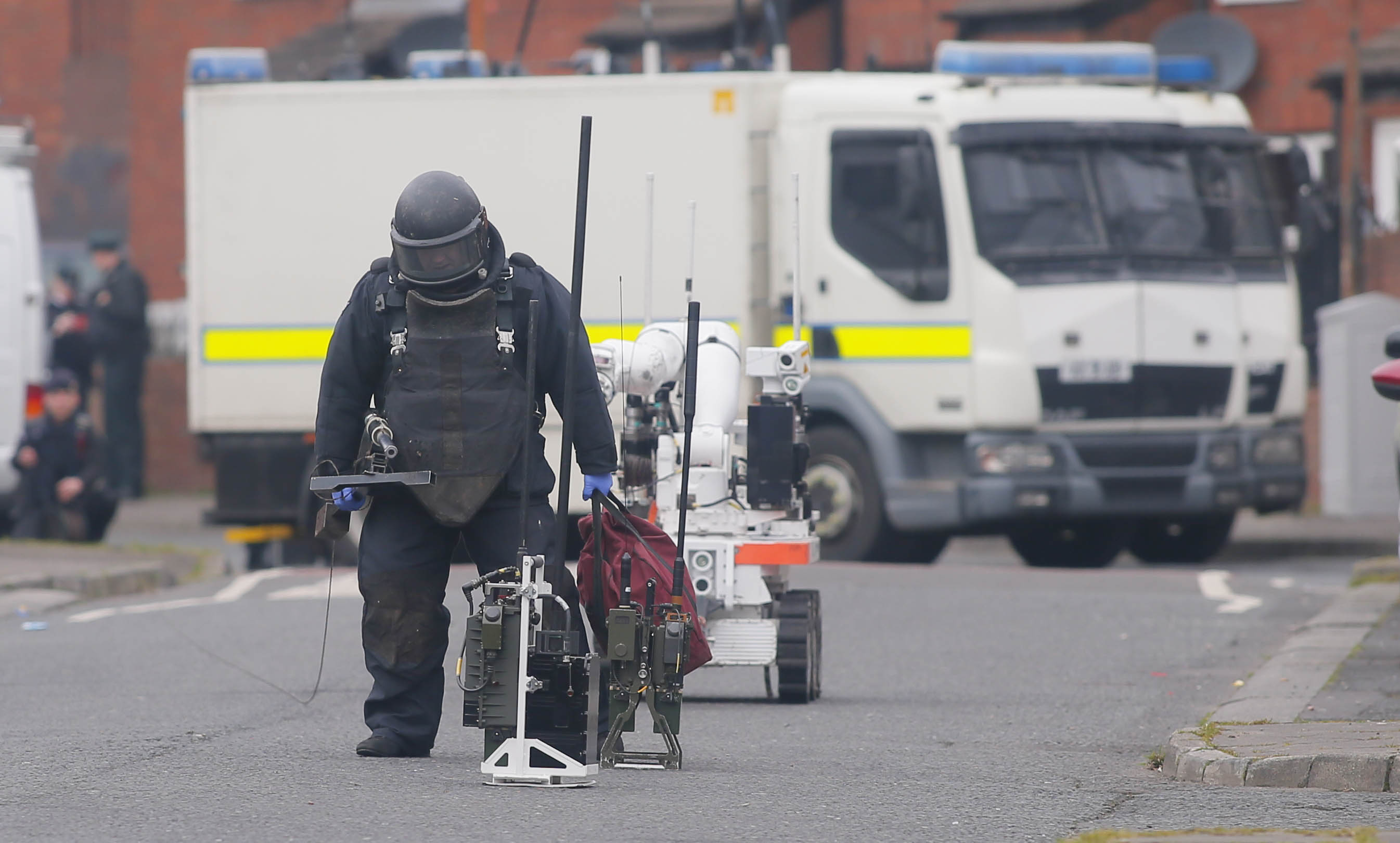 A British army technical officer at the scene of Friday’s pipe bomb explosion