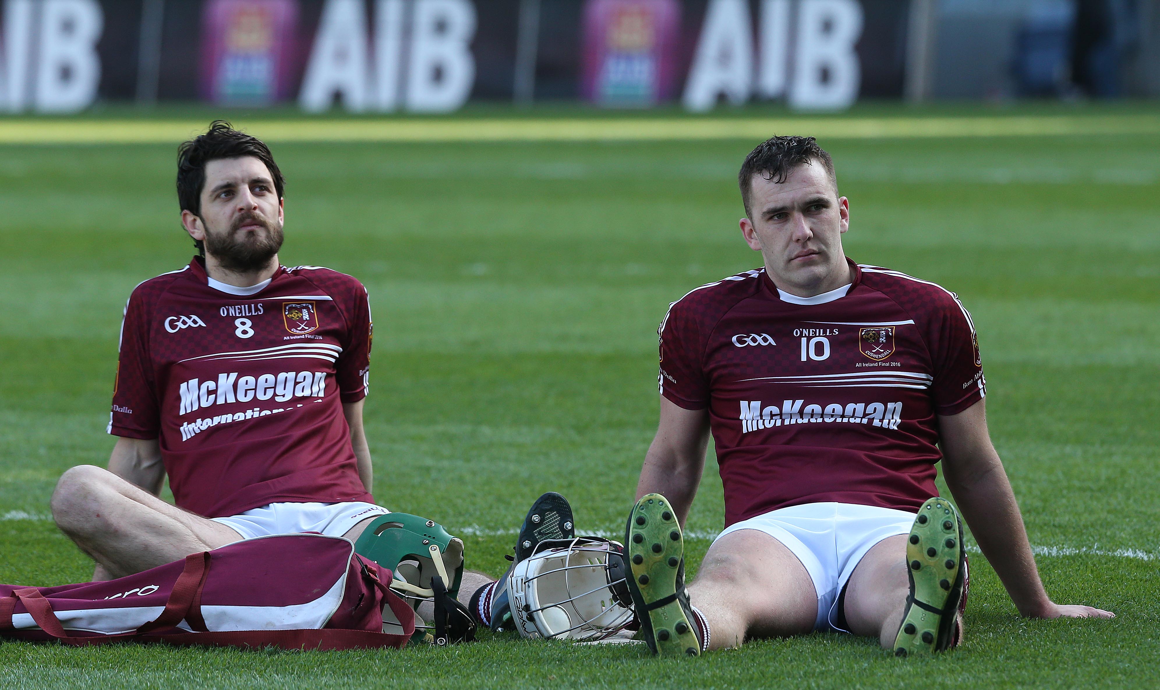 Cushendall duo Shane McNaughton and Conor Carson of Cushendall after yesterday\'s All-Ireland club final defeat to Na Piarsaigh in Croke Park