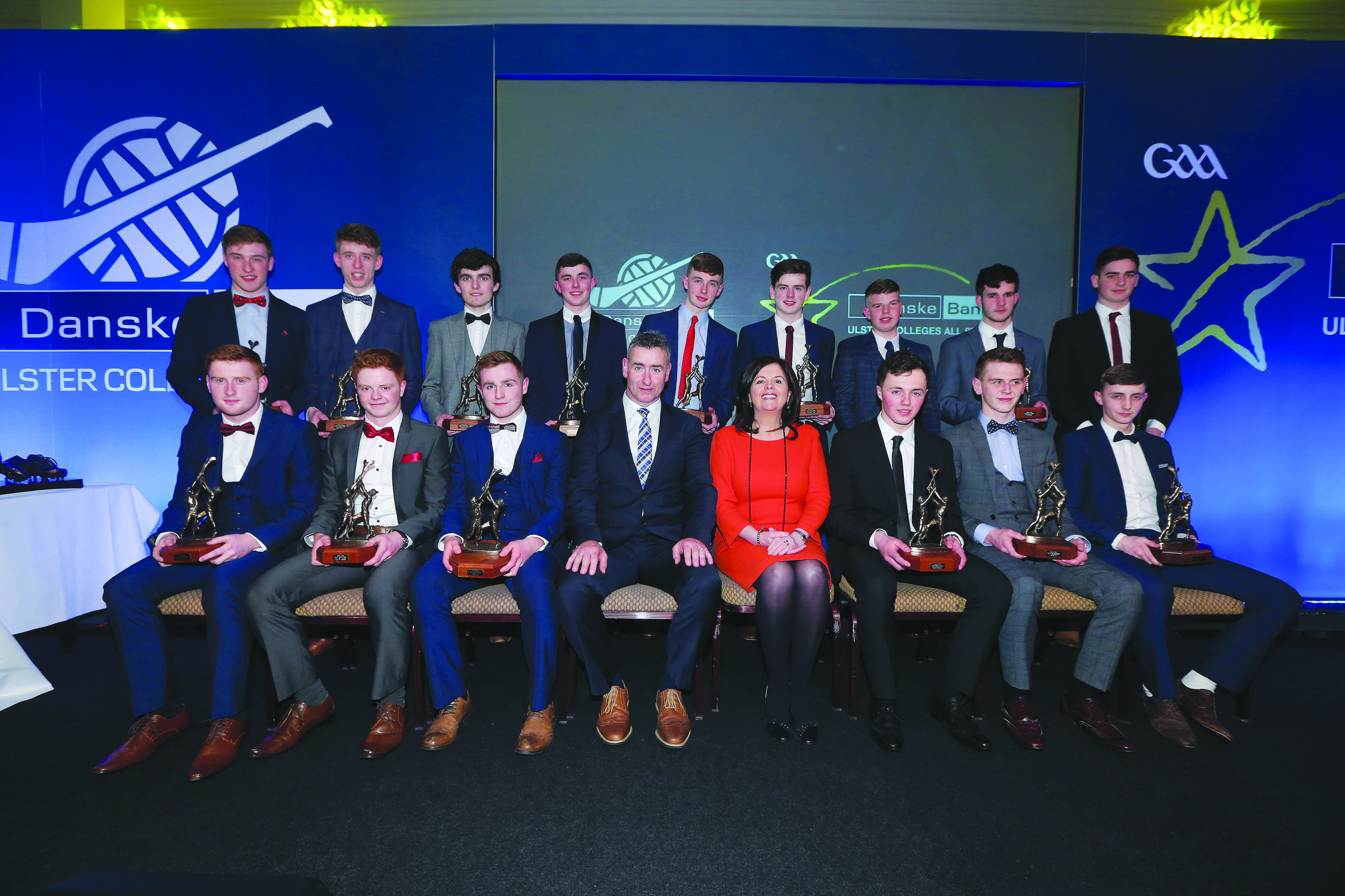 The 2016 Ulster Colleges All-Star team includes local lads Conor Carson (St Mary’s, back row fourth from left), Ronan Beatty (St Mary’s, back row middle), Dubaltach Mac Aoidh-Baicéir (Colaiste Feirste, back row third right) and Donal McKernan (Rathmore, front row third right) 