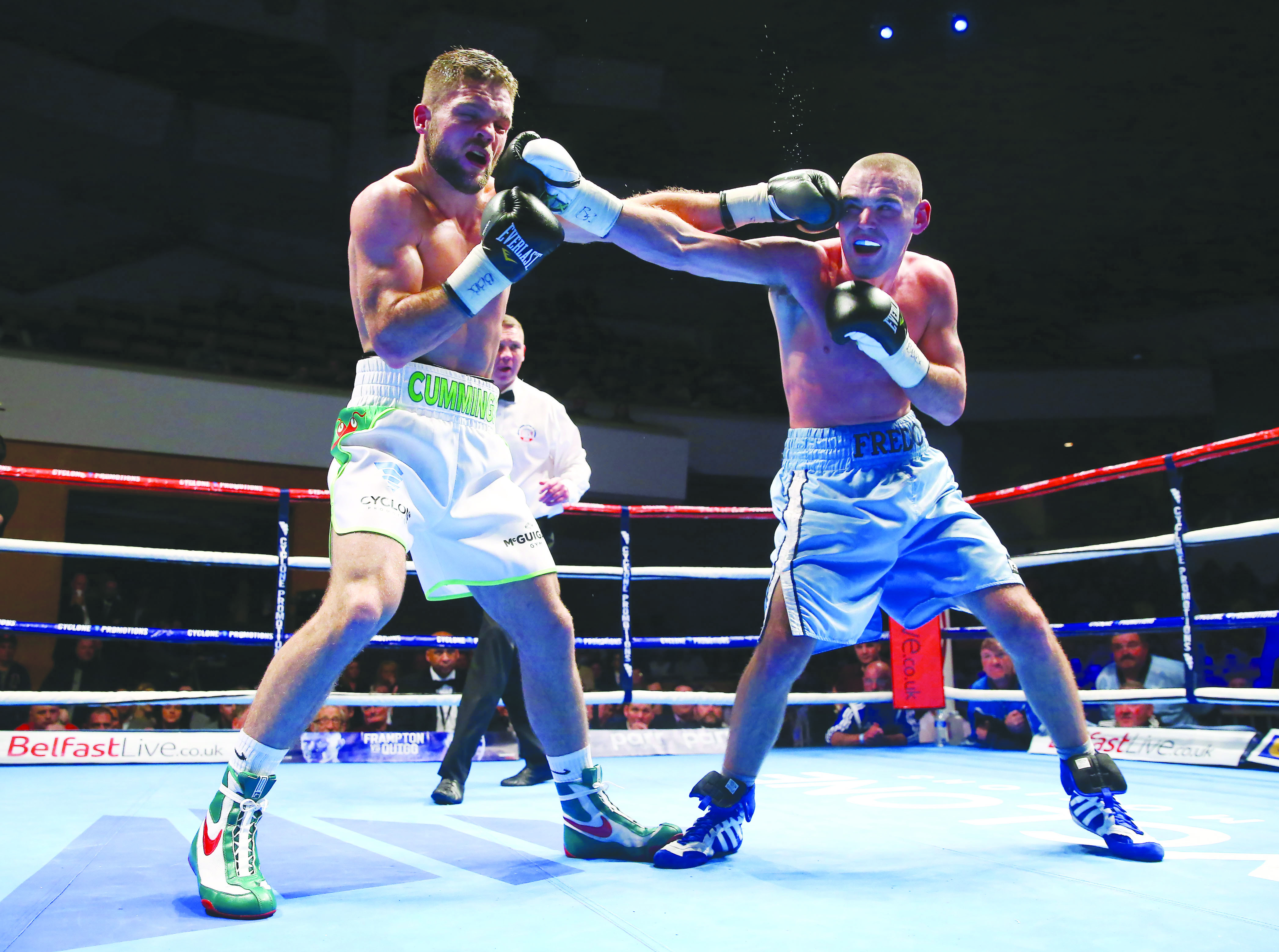 Alfredo Meli in action against Conrad Cummings when the pair fought out a thrilling draw at the Waterfront Hall in November. Photo by William Cherry