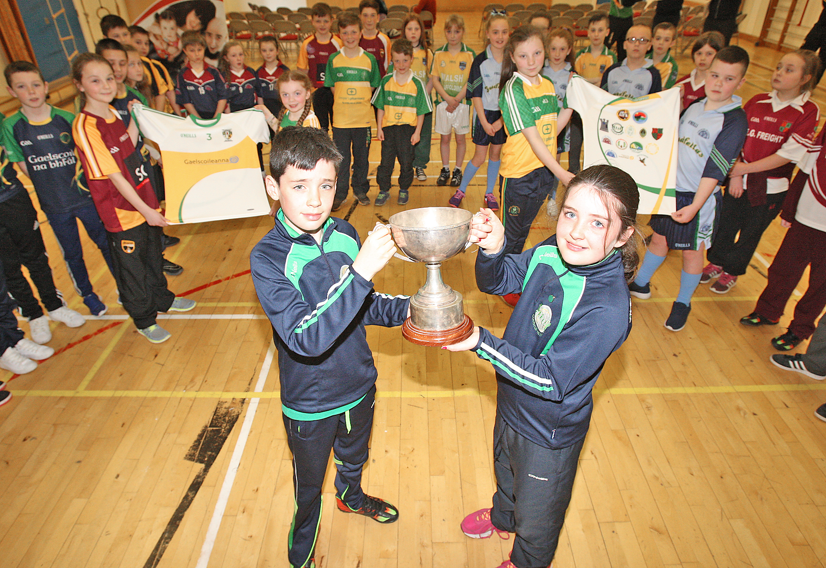 PROUD: Launch of the Liam Murray Cup in Coláiste Feirste with Liam and Amy Murray along with pupils from Irish schools who are competing in the tournament