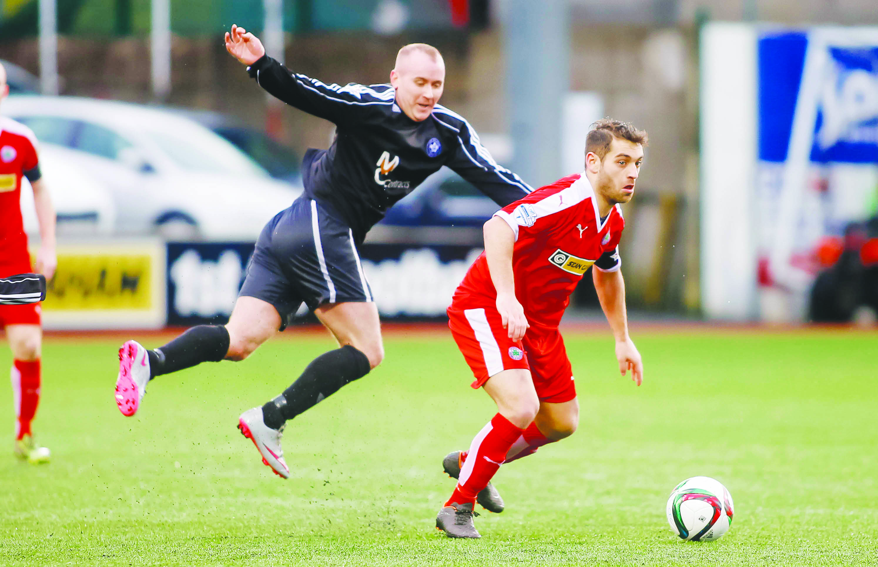 Gary Largey, pictured in action during the Irish Cup clash with Cliftonville, will be available for Sport and Leisure’s clash with Newington after serving a suspension\nPicture - Kevin Scott / Presseye