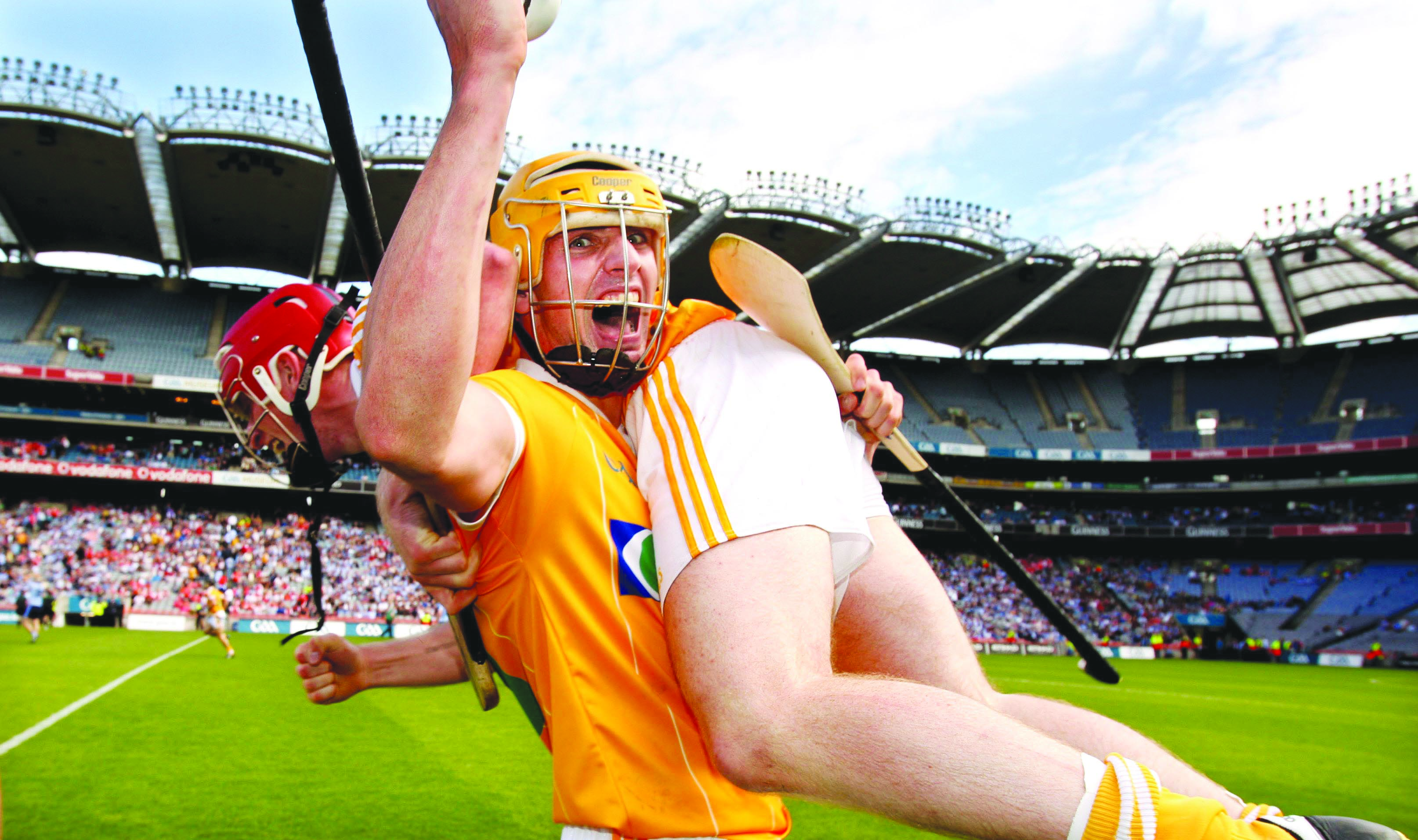 Antrim\'s Simon McCrory celebrates the 2010 Qualifier win over Dublin by lifting PJ O\'Connell at the final whistle. The Saffrons return to Croke Park for Saturday’s Christy Ring Cup final against Meath