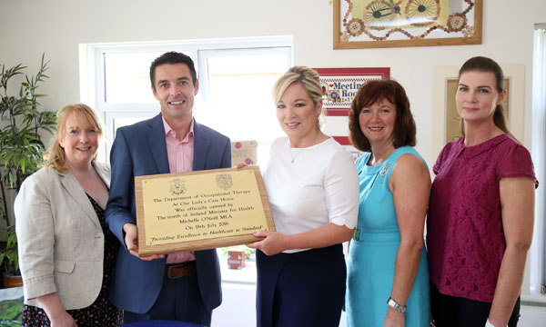 Nora Curran, Clinical Director of Our Lady’s Care Home; Gavin O’Hare-Connolly, CEO of Our Lady’s; Health Minister Michelle O’Neill; Dr Patricia McClure from the Ulster University; and Anne-Colette McLaughlin, OT Clinical Manager \n\n\n