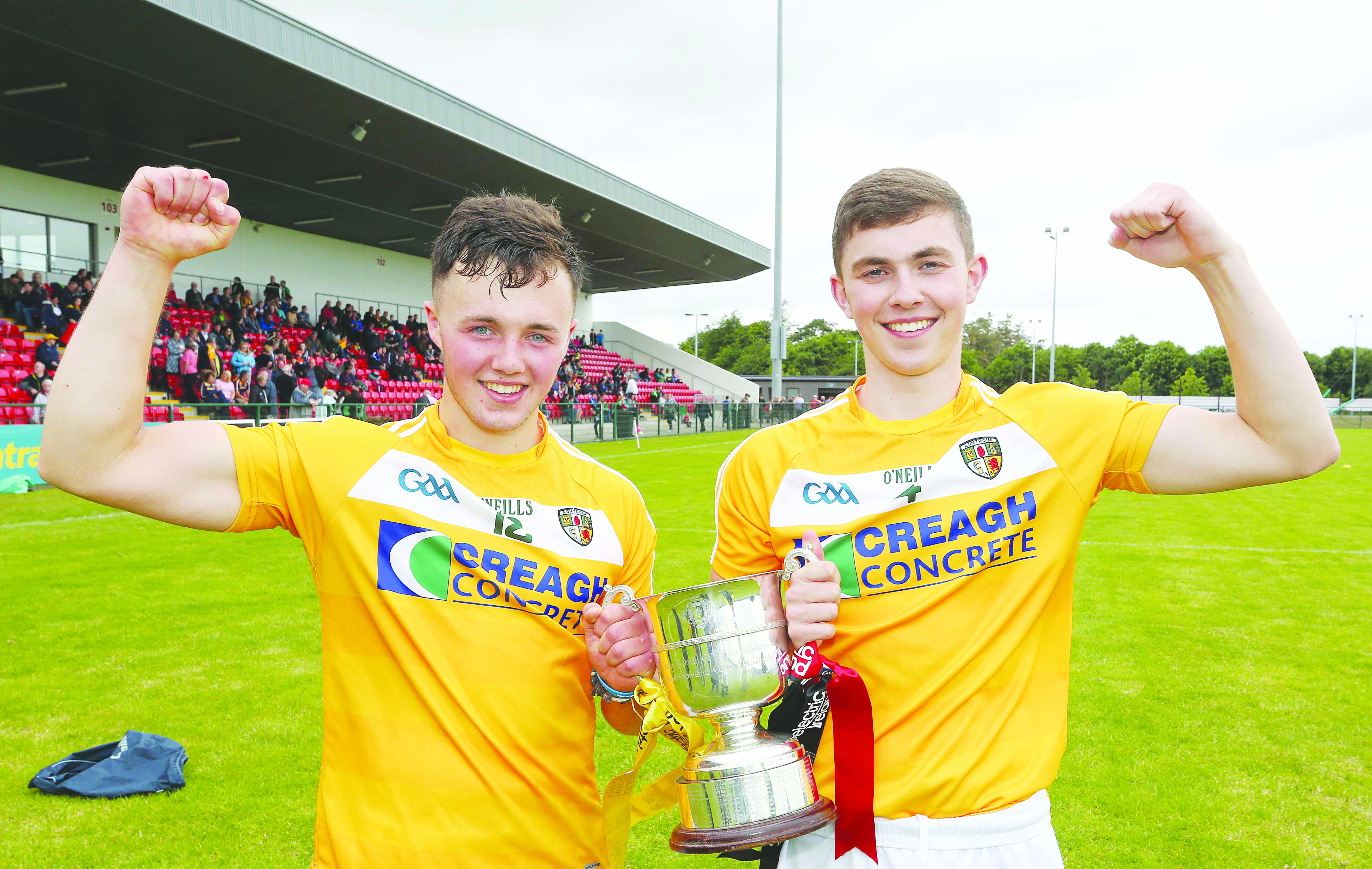 Antrim minor captains Donal McKernan and Conor Carson hold aloft the Danny McNaughton Cup following Sunday’s 2-15 to 0-11 win over Down in the Ulster Minor Hurling Championship final at Owenbeg