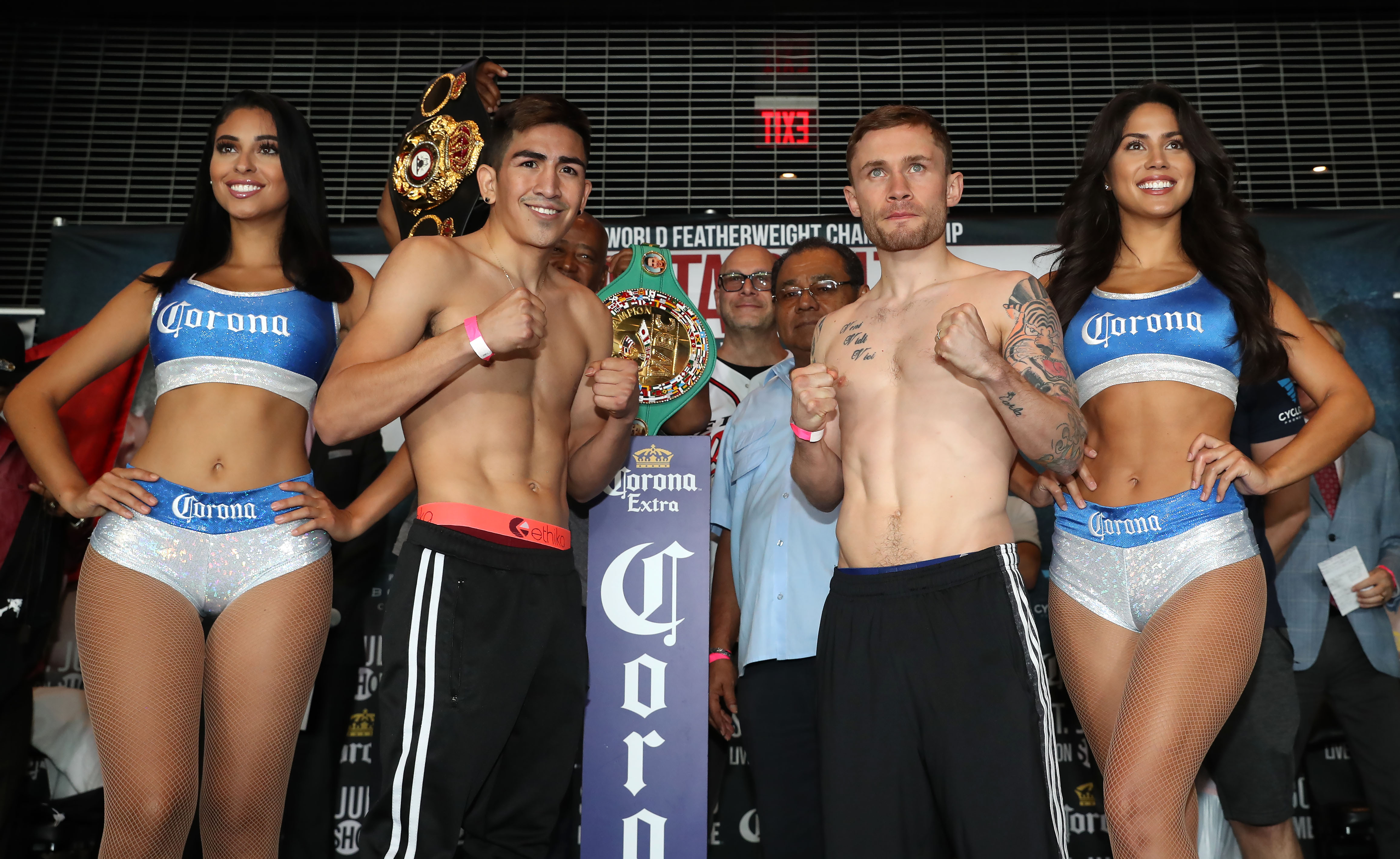 Leo Santa Cruz and Carl Frampton go head to head after the weigh-in at the Barclays Center’s Resorts World Casino ahead of the WBA World title bout at the Barclay Centre, Brooklyn, NY on Saturday night.