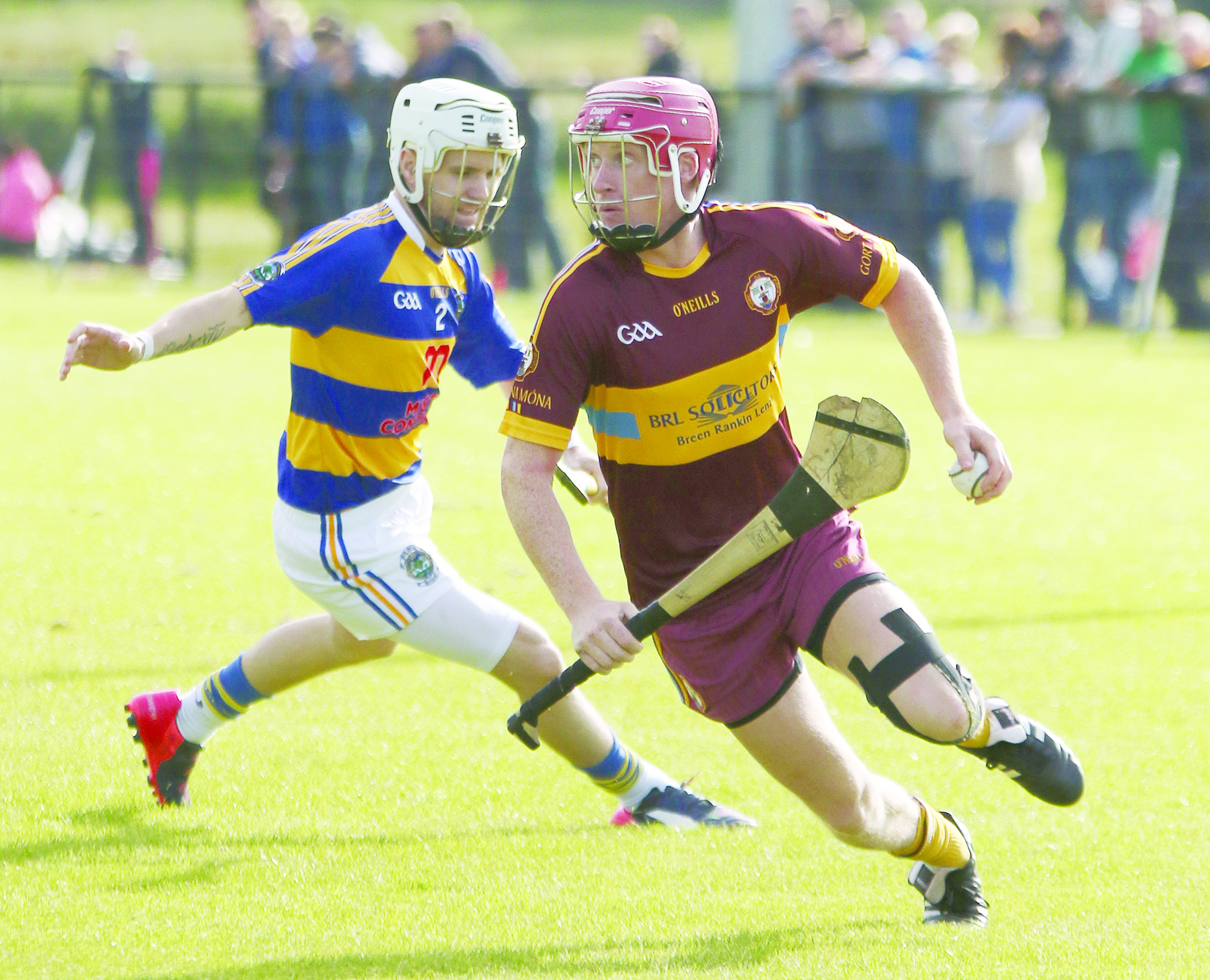 Gort na Móna forward Desy McClean shows Rasharkin’s Daniel Doherty a clean pair of heels during Saturday’s Championship clash in Ahoghill. The Turf Lodge men progressed with a nine-point win but the former Antrim star knows more will be needed when they take on Cloughmills this Sunday in the next round 