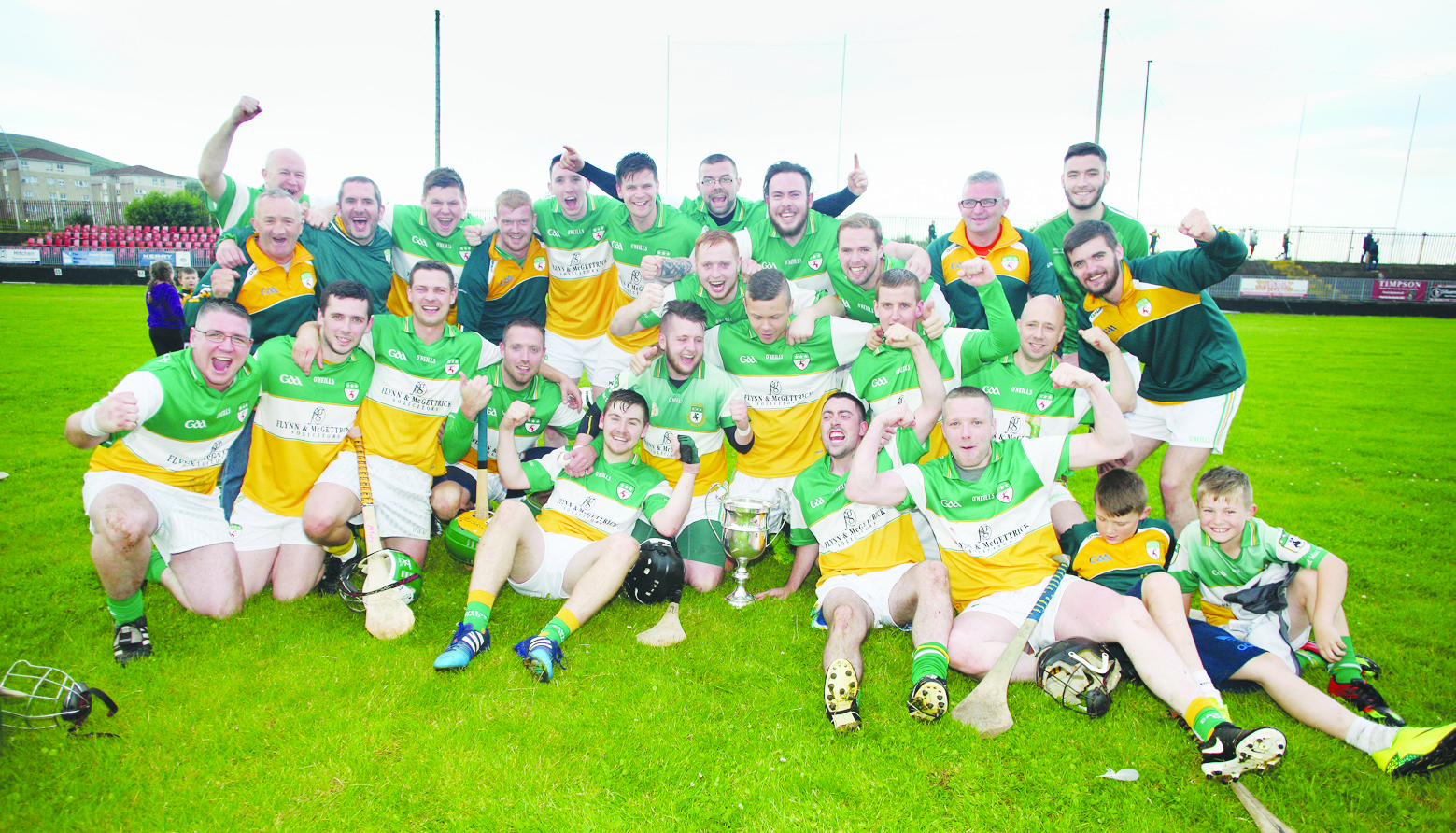 Michael Davitt’s celebrate after retaining the Antrim Junior B Hurling Championship with a narrow one-point win over St Agnes’ at Sarsfield’s on Saturday night