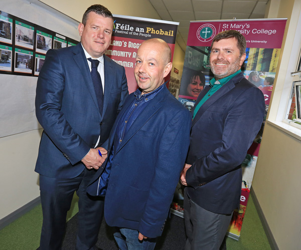 At the event in St Mary\'s University College – ‘Lessons from the  Loughinisland Massacre’ – are solicitor Niall Murphy, journalist Barry McCaffrey and Mark Thompson (RFJ)