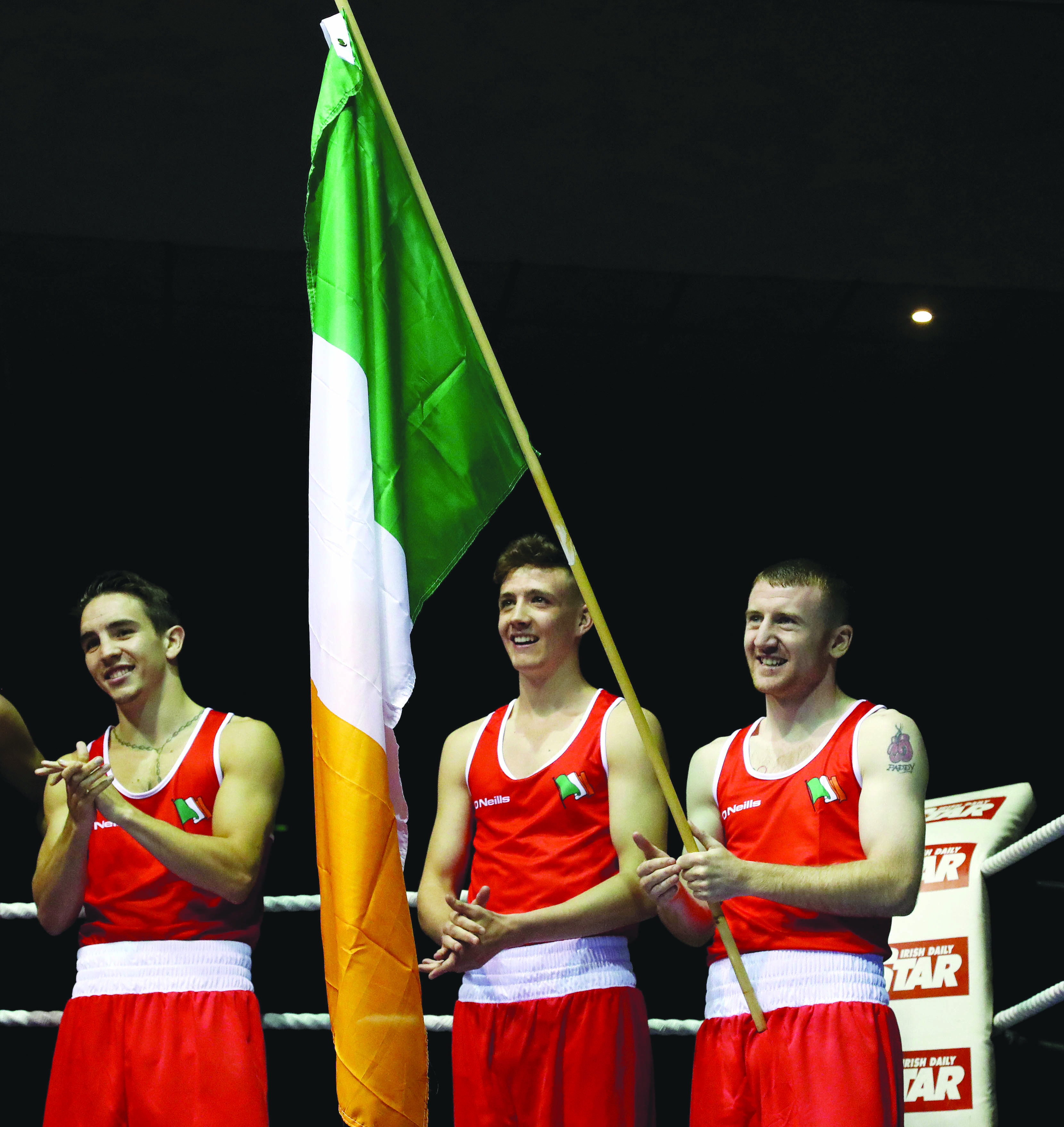 Paddy Barnes with Irish teammates and fellow Belfast boxers, Michael Conlan and Brendan Irvine at a recent international in Dublin ©INPHO/Ryan Byrne