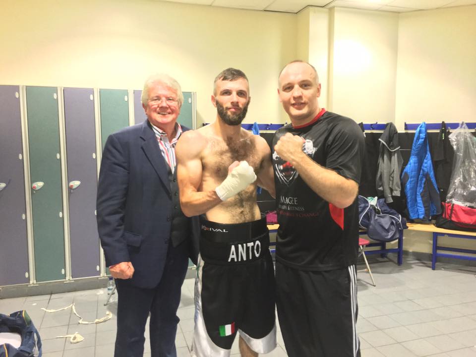 Anthony Cacace with his manager, Pat Magee and coach, Brian Magee following his first round win over Jamie Quinn on Saturday