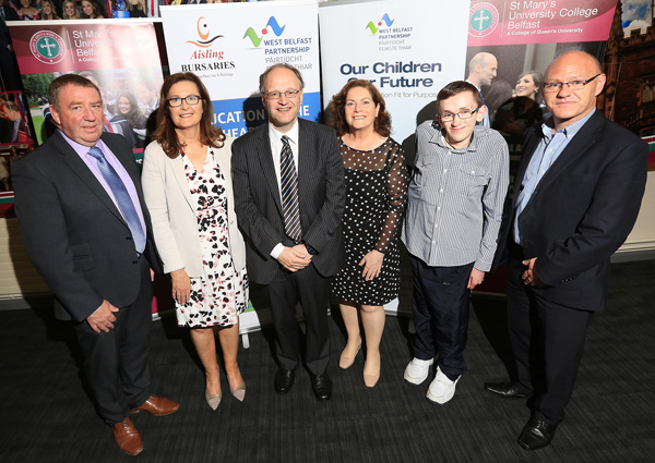 COMMITMENT: Chair of the West Belfast Partnership Board Gerry McConville, Gabrielle Nig Uidhir (St Mary\'s University College), Peter Weir (Education Minister), Geraldine McAteer (WBPB CEO), David Fitzsimons (Ace Taxis Aisling Bursary) and Paul Maskey MP 