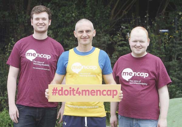 Jonathan Hanna, left, Mencap; Neil Mercer, who is running the Deep RiverRock Belfast City Half Marathon for Mencap; and Gary Clements, a Mencap Young Ambassador