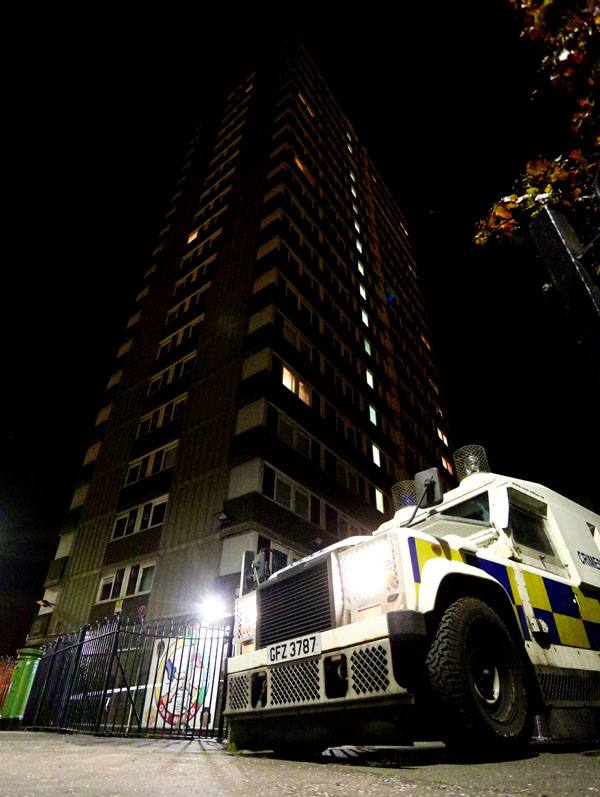 Police officers at the scene of a suspicious death in the Divis Flats last night. (Photo by Kevin Scott / Presseye)